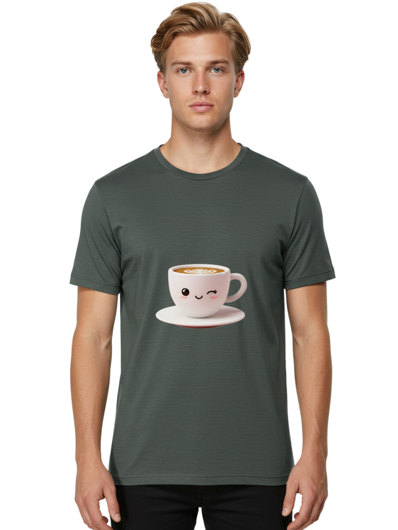 Winking-Coffee-Cup Men'S Graphic Tee, 100% Cotton, Comfortable Casual Summer Wear, Machine Washable, Cute Coffee Cup, Cartoon Character, Coffee Break, Latte Art, Winking Face, Adorable Design, Morning Pick-Me-Up, Coffee Lover, Cozy Vibes Bac553