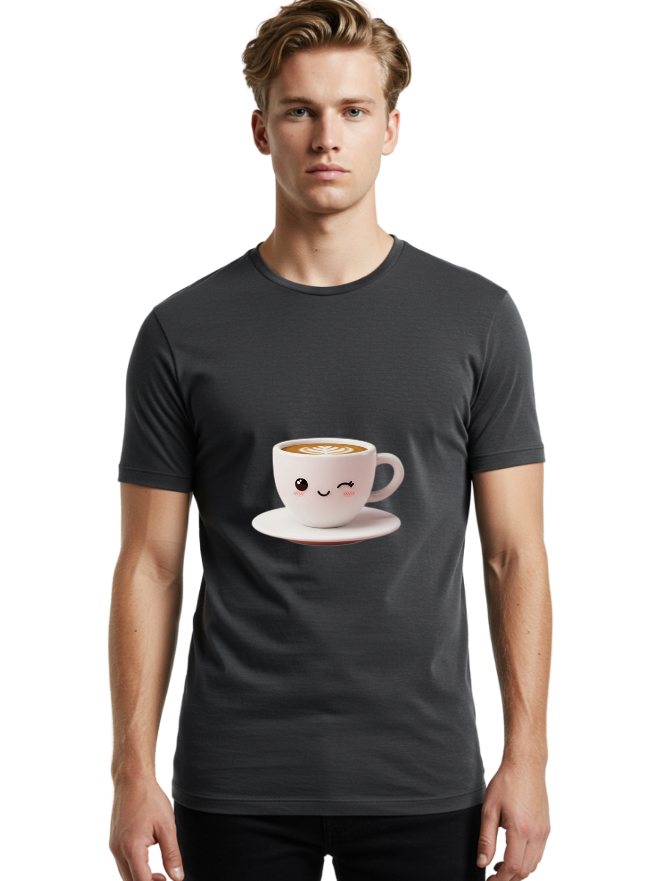 Winking-Coffee-Cup Men'S Graphic Tee, 100% Cotton, Comfortable Casual Summer Wear, Machine Washable, Cute Coffee Cup, Cartoon Character, Coffee Break, Latte Art, Winking Face, Adorable Design, Morning Pick-Me-Up, Coffee Lover, Cozy Vibes Bac553