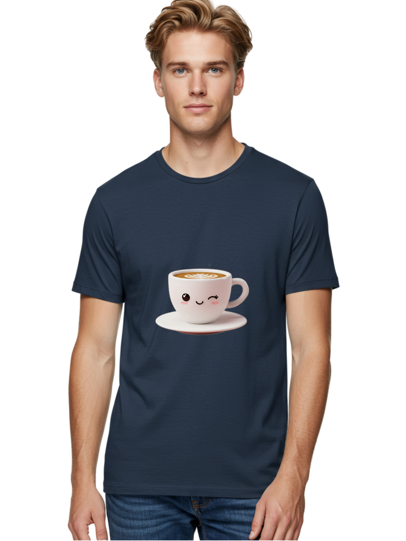Winking-Coffee-Cup Men'S Graphic Tee, 100% Cotton, Comfortable Casual Summer Wear, Machine Washable, Cute Coffee Cup, Cartoon Character, Coffee Break, Latte Art, Winking Face, Adorable Design, Morning Pick-Me-Up, Coffee Lover, Cozy Vibes Bac553