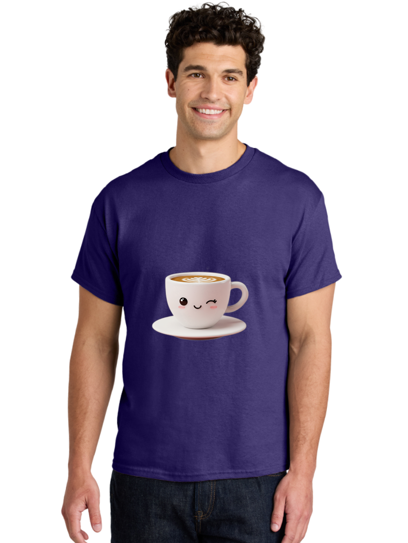 Winking-Coffee-Cup Men'S Graphic Tee, 100% Cotton, Comfortable Casual Summer Wear, Machine Washable, Cute Coffee Cup, Cartoon Character, Coffee Break, Latte Art, Winking Face, Adorable Design, Morning Pick-Me-Up, Coffee Lover, Cozy Vibes Bac553