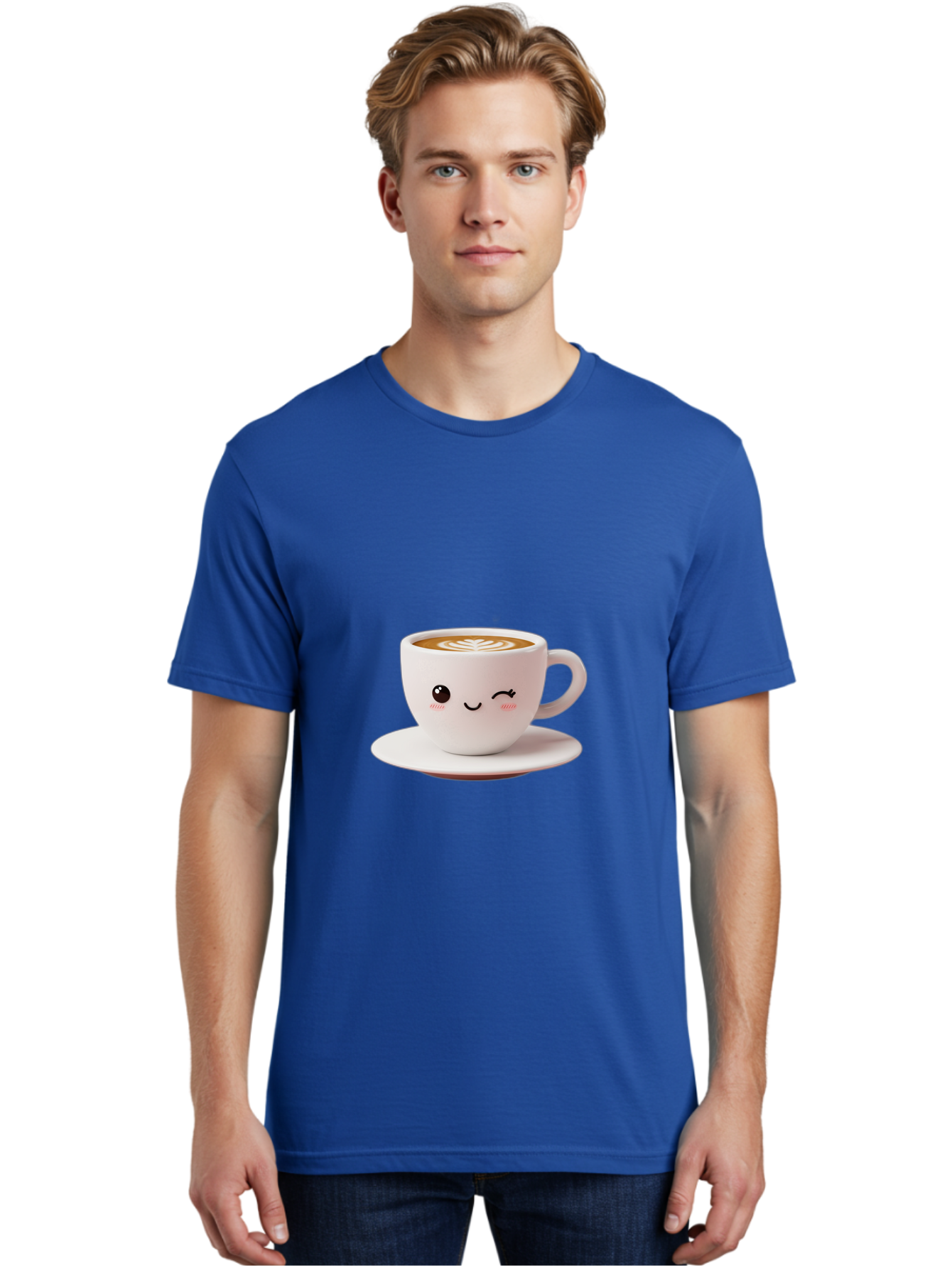Winking-Coffee-Cup Men'S Graphic Tee, 100% Cotton, Comfortable Casual Summer Wear, Machine Washable, Cute Coffee Cup, Cartoon Character, Coffee Break, Latte Art, Winking Face, Adorable Design, Morning Pick-Me-Up, Coffee Lover, Cozy Vibes Bac553