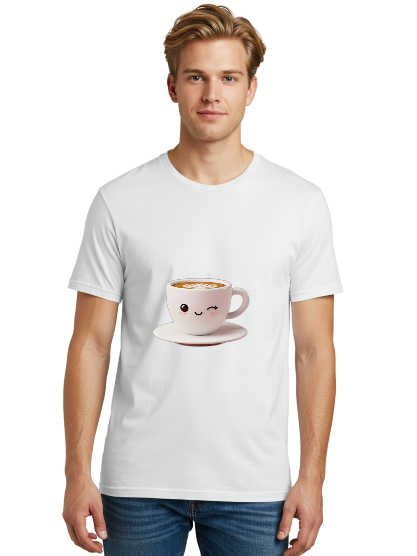 Winking-Coffee-Cup Men'S Graphic Tee, 100% Cotton, Comfortable Casual Summer Wear, Machine Washable, Cute Coffee Cup, Cartoon Character, Coffee Break, Latte Art, Winking Face, Adorable Design, Morning Pick-Me-Up, Coffee Lover, Cozy Vibes Bac553