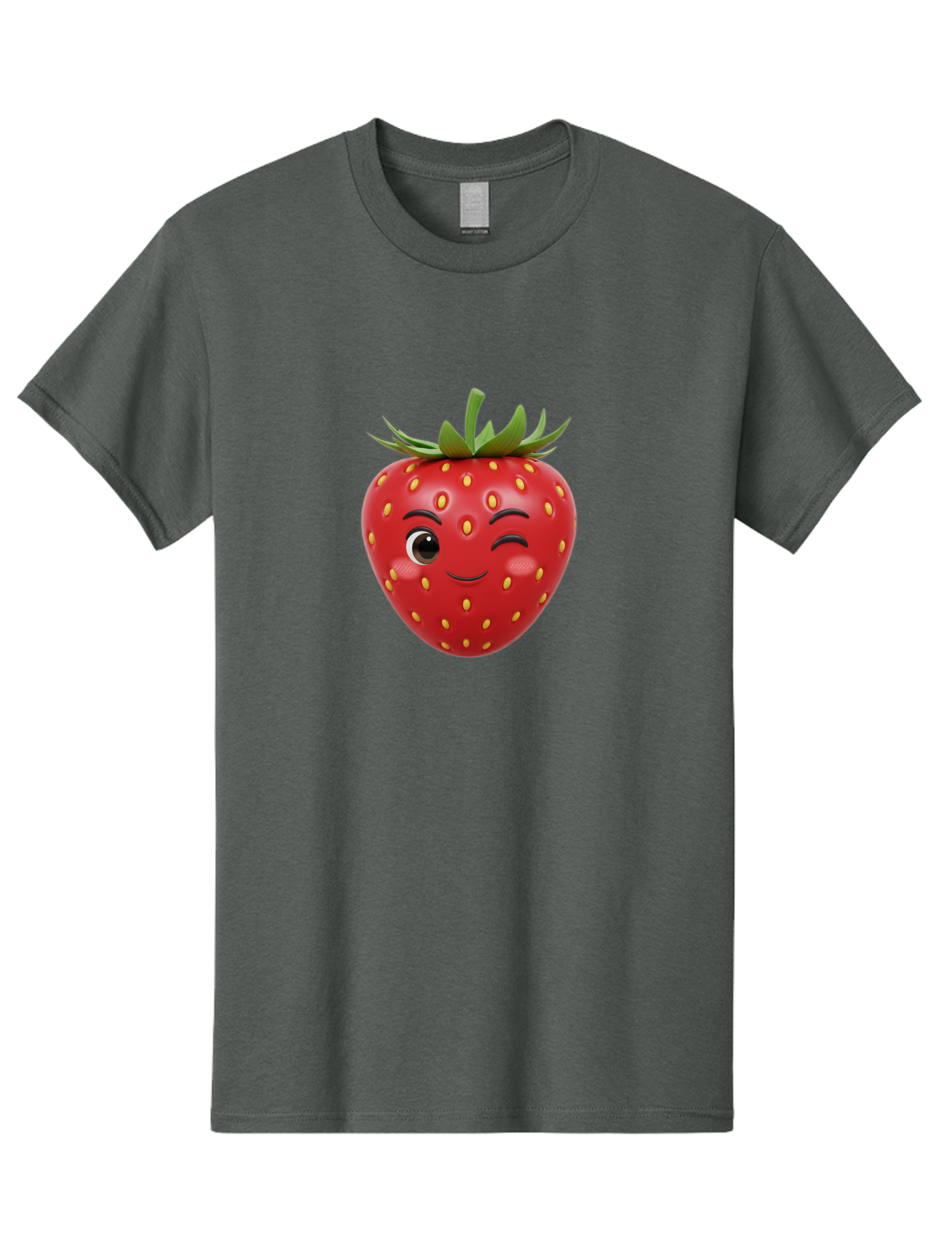 Winking-Strawberry-1 Men'S Graphic Tee, 100% Cotton, Comfortable Casual Summer Wear, Machine Washable, Cartoon Strawberry, Winking Face, Yellow Seeds, Red Fruit, Funny Character, Cute Emoji, Playful Expression, Smiling Face, Bac554
