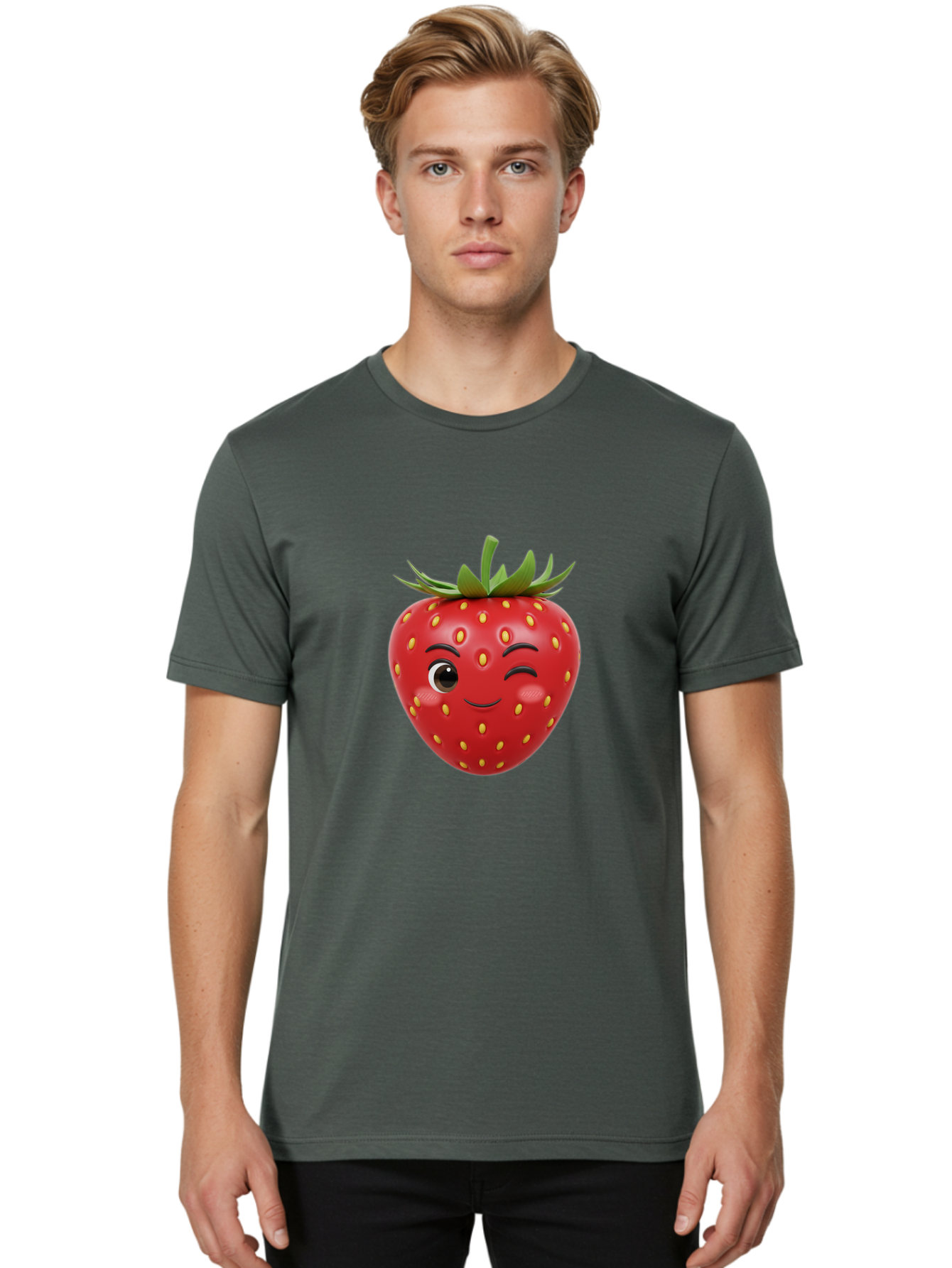 Winking-Strawberry-1 Men'S Graphic Tee, 100% Cotton, Comfortable Casual Summer Wear, Machine Washable, Cartoon Strawberry, Winking Face, Yellow Seeds, Red Fruit, Funny Character, Cute Emoji, Playful Expression, Smiling Face, Bac554