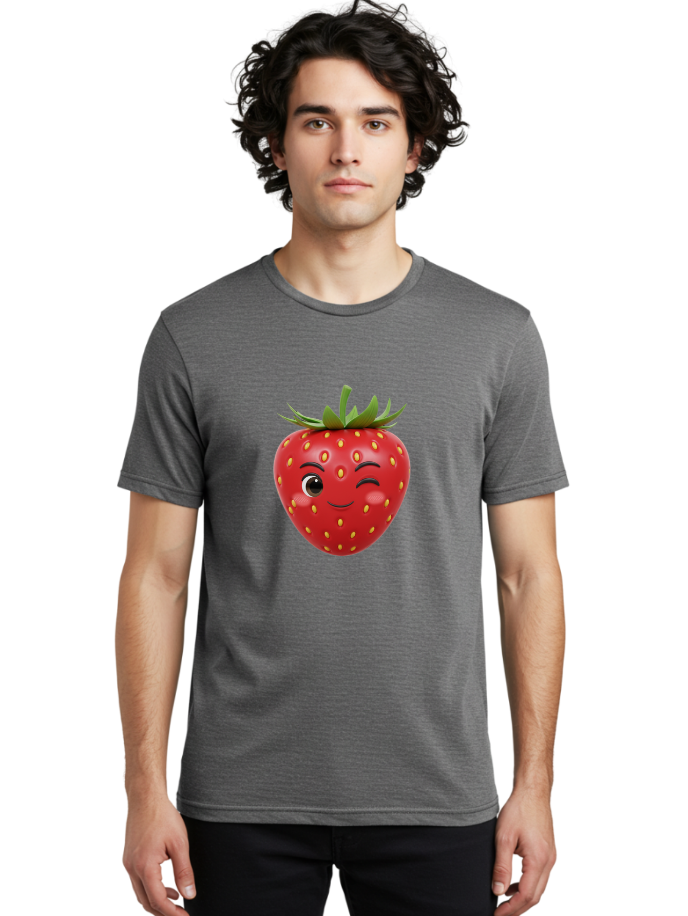 Winking-Strawberry-1 Men'S Graphic Tee, 100% Cotton, Comfortable Casual Summer Wear, Machine Washable, Cartoon Strawberry, Winking Face, Yellow Seeds, Red Fruit, Funny Character, Cute Emoji, Playful Expression, Smiling Face, Bac554