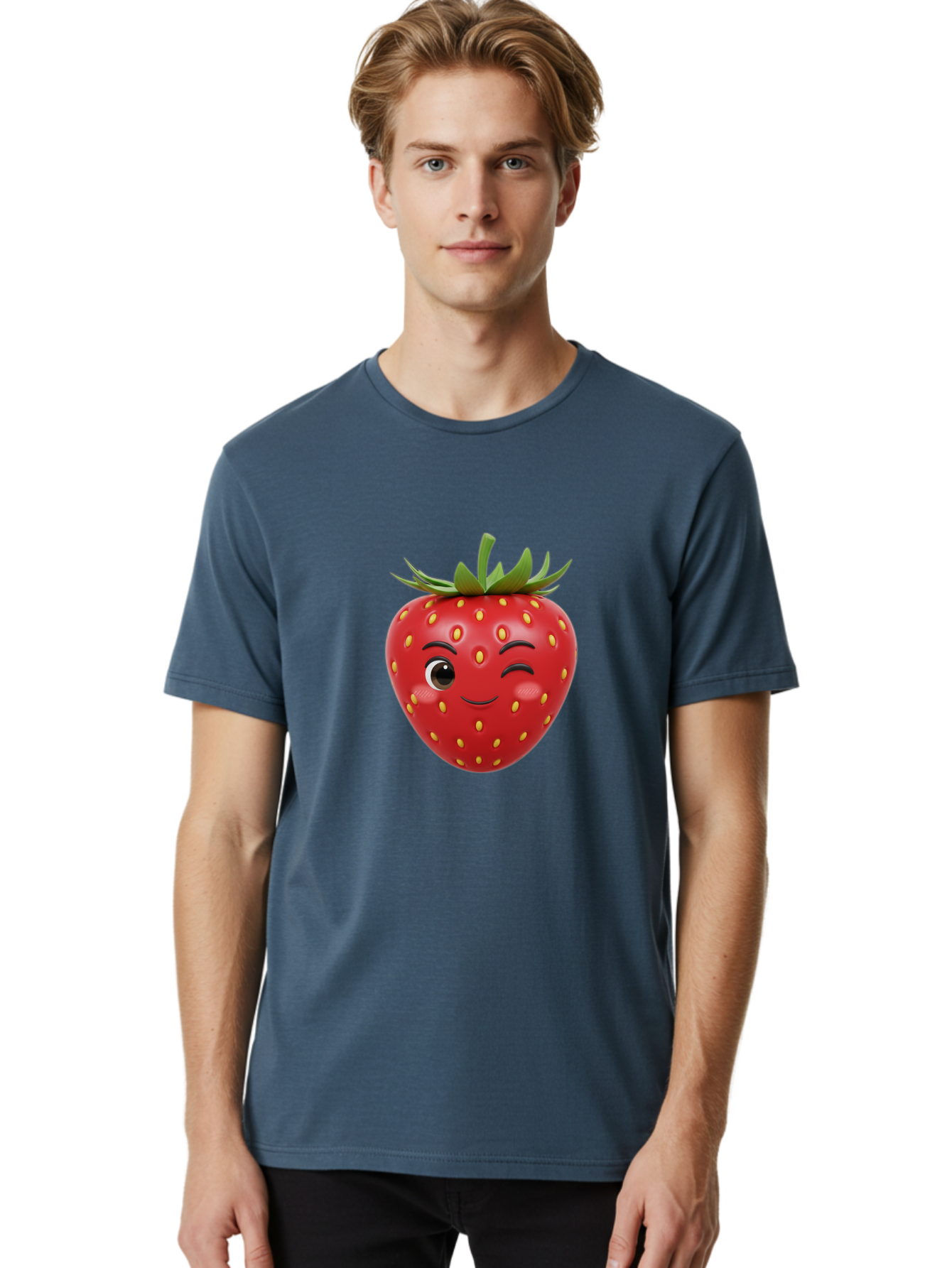 Winking-Strawberry-1 Men'S Graphic Tee, 100% Cotton, Comfortable Casual Summer Wear, Machine Washable, Cartoon Strawberry, Winking Face, Yellow Seeds, Red Fruit, Funny Character, Cute Emoji, Playful Expression, Smiling Face, Bac554