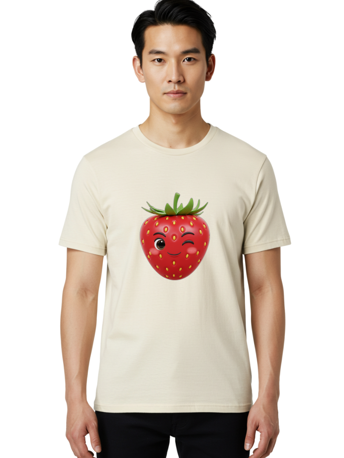 Winking-Strawberry-1 Men'S Graphic Tee, 100% Cotton, Comfortable Casual Summer Wear, Machine Washable, Cartoon Strawberry, Winking Face, Yellow Seeds, Red Fruit, Funny Character, Cute Emoji, Playful Expression, Smiling Face, Bac554