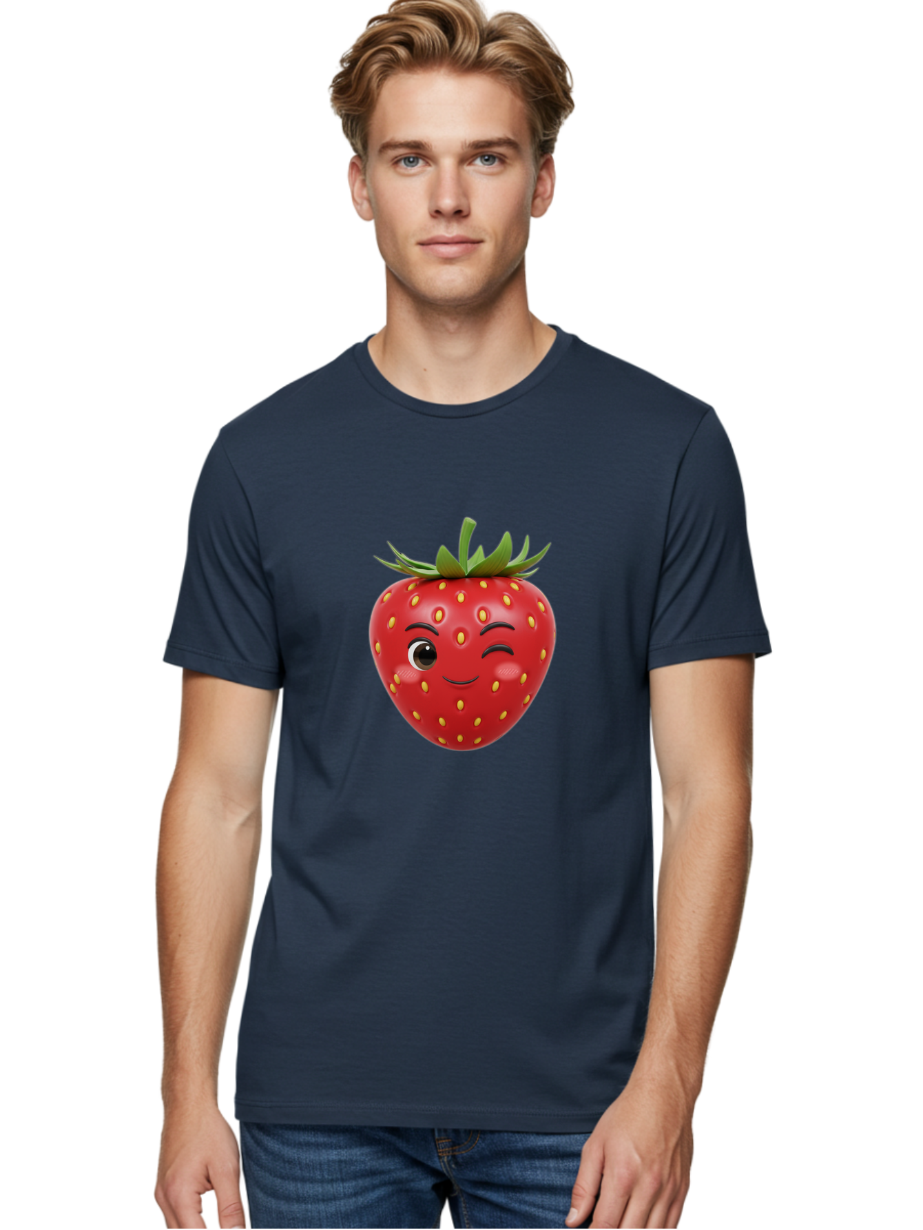 Winking-Strawberry-1 Men'S Graphic Tee, 100% Cotton, Comfortable Casual Summer Wear, Machine Washable, Cartoon Strawberry, Winking Face, Yellow Seeds, Red Fruit, Funny Character, Cute Emoji, Playful Expression, Smiling Face, Bac554
