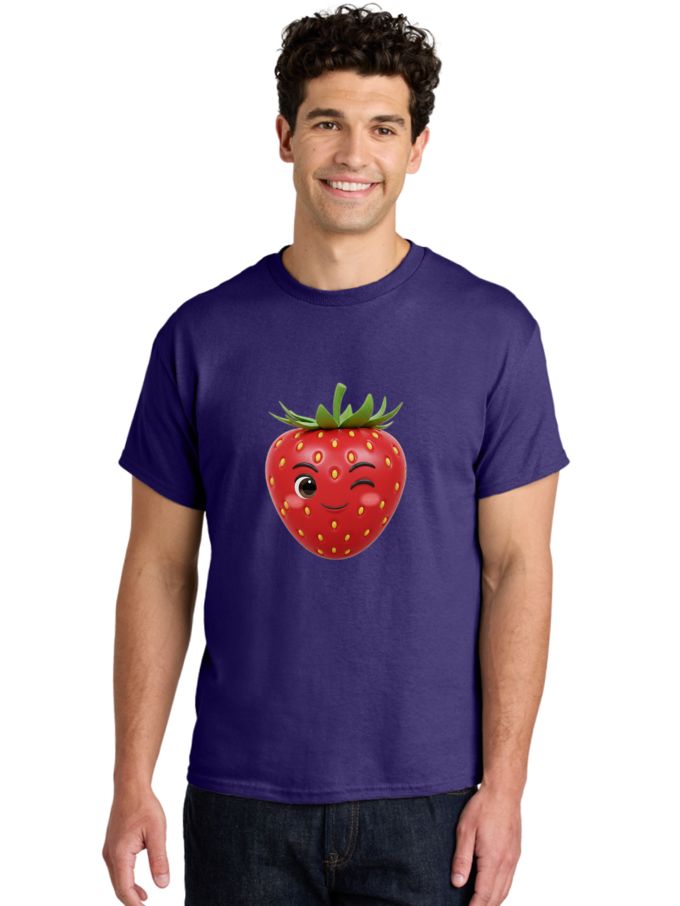 Winking-Strawberry-1 Men'S Graphic Tee, 100% Cotton, Comfortable Casual Summer Wear, Machine Washable, Cartoon Strawberry, Winking Face, Yellow Seeds, Red Fruit, Funny Character, Cute Emoji, Playful Expression, Smiling Face, Bac554