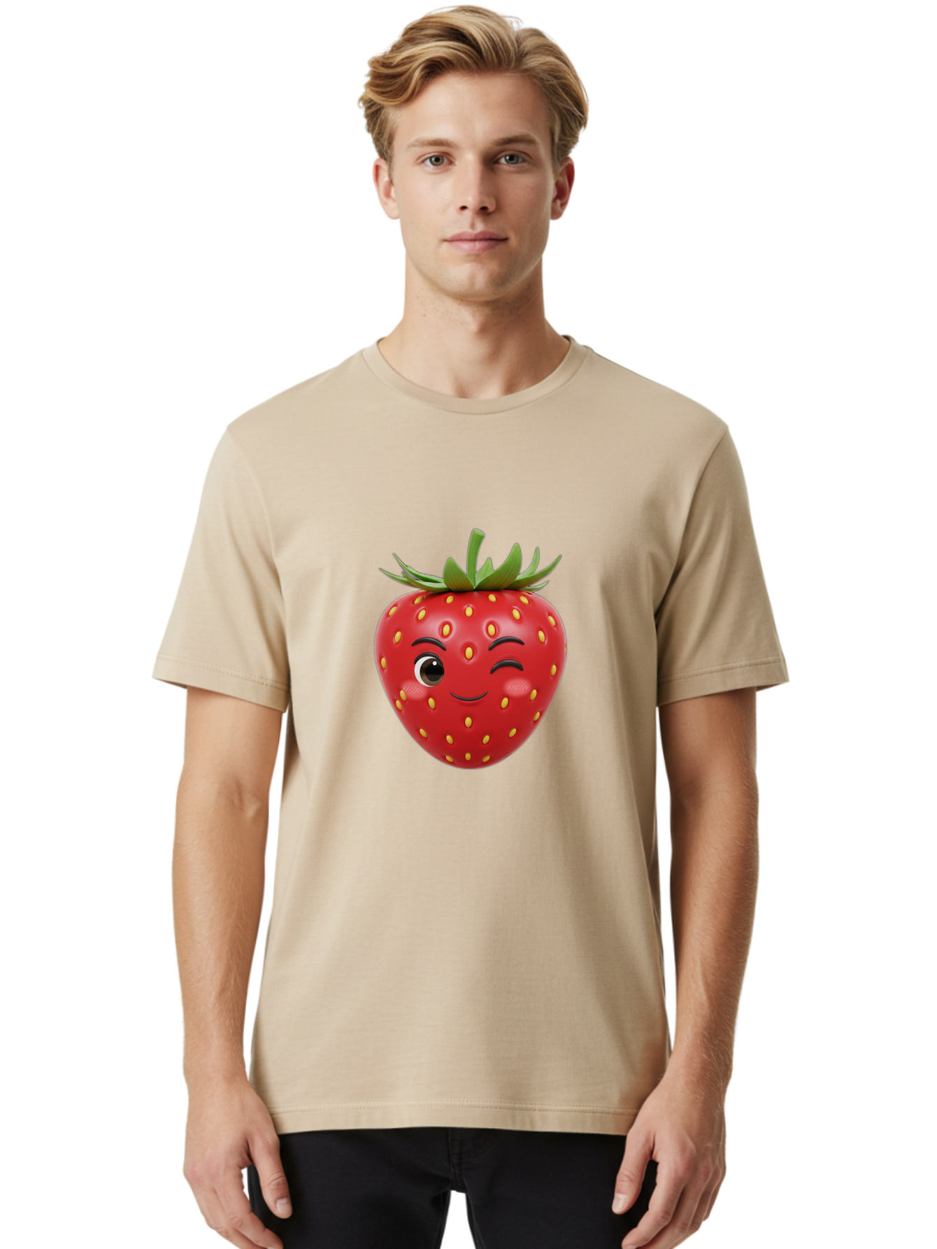Winking-Strawberry-1 Men'S Graphic Tee, 100% Cotton, Comfortable Casual Summer Wear, Machine Washable, Cartoon Strawberry, Winking Face, Yellow Seeds, Red Fruit, Funny Character, Cute Emoji, Playful Expression, Smiling Face, Bac554