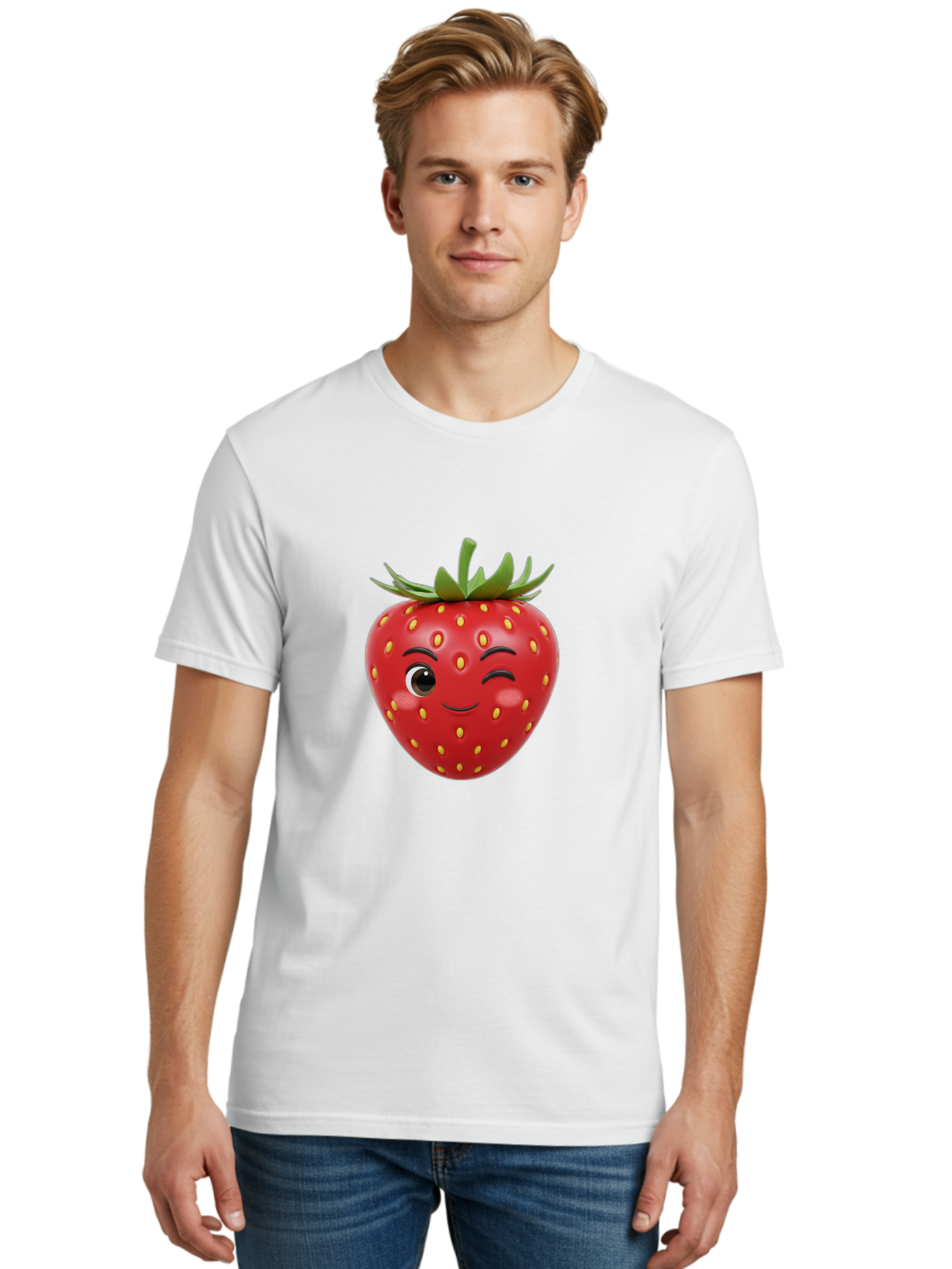 Winking-Strawberry-1 Men'S Graphic Tee, 100% Cotton, Comfortable Casual Summer Wear, Machine Washable, Cartoon Strawberry, Winking Face, Yellow Seeds, Red Fruit, Funny Character, Cute Emoji, Playful Expression, Smiling Face, Bac554