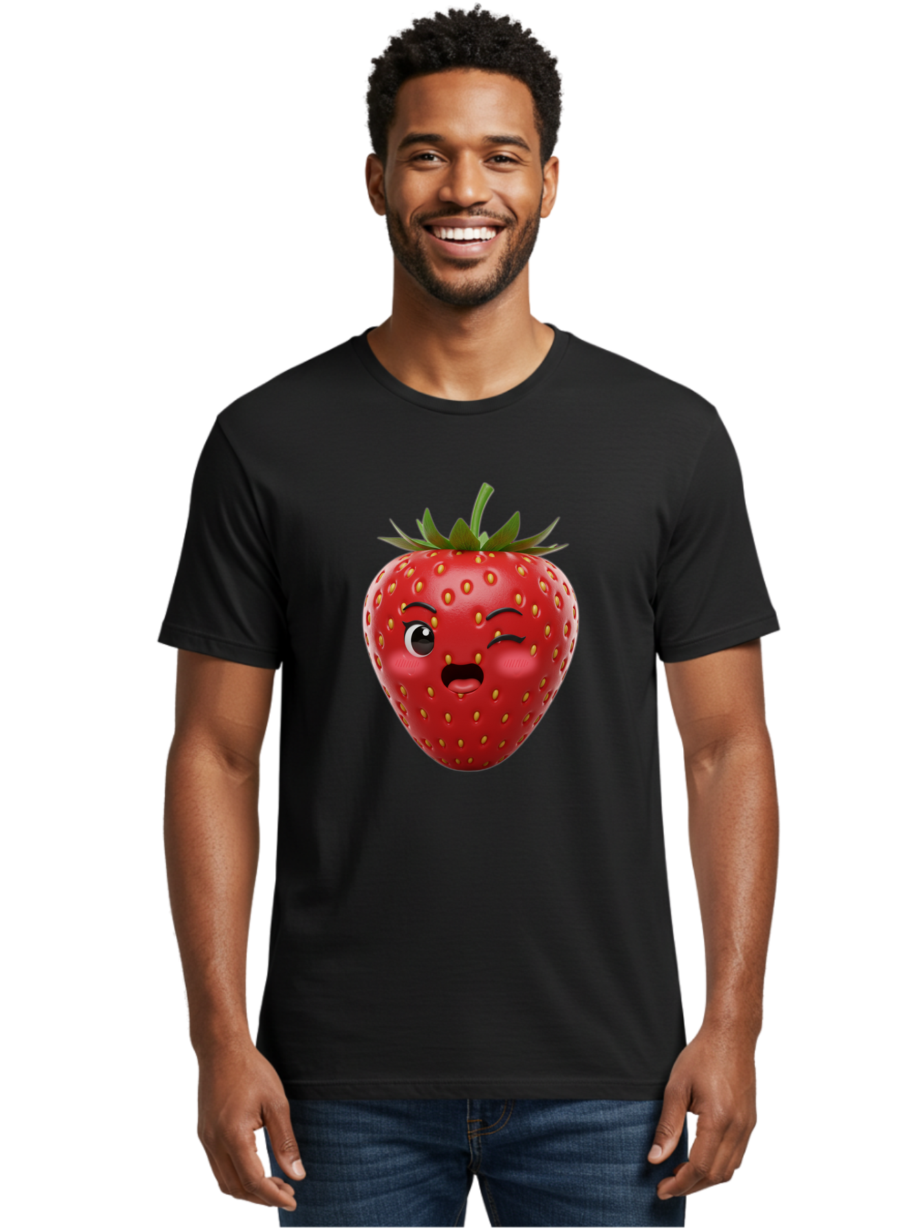 Winking-Strawberry-11 Men'S Graphic Tee, 100% Cotton, Comfortable Casual Summer Wear, Machine Washable, Cartoon Strawberry, Winking Face, Playful Expression, Comical Character, Vibrant Red, Yellow Seeds, Green Leaves, Funny Emotion, Emoticon Bac556