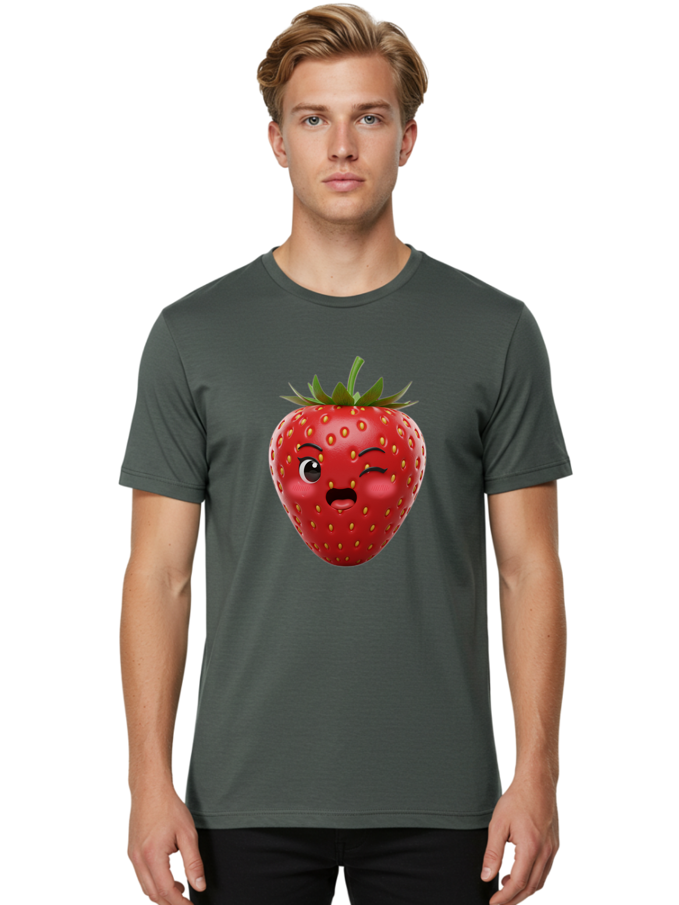 Winking-Strawberry-11 Men'S Graphic Tee, 100% Cotton, Comfortable Casual Summer Wear, Machine Washable, Cartoon Strawberry, Winking Face, Playful Expression, Comical Character, Vibrant Red, Yellow Seeds, Green Leaves, Funny Emotion, Emoticon Bac556