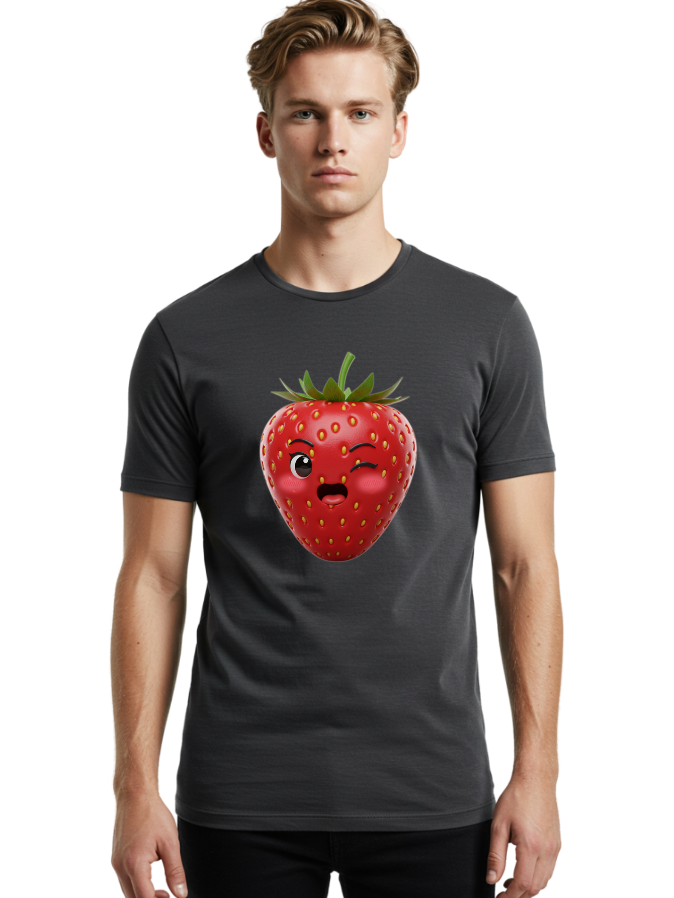 Winking-Strawberry-11 Men'S Graphic Tee, 100% Cotton, Comfortable Casual Summer Wear, Machine Washable, Cartoon Strawberry, Winking Face, Playful Expression, Comical Character, Vibrant Red, Yellow Seeds, Green Leaves, Funny Emotion, Emoticon Bac556