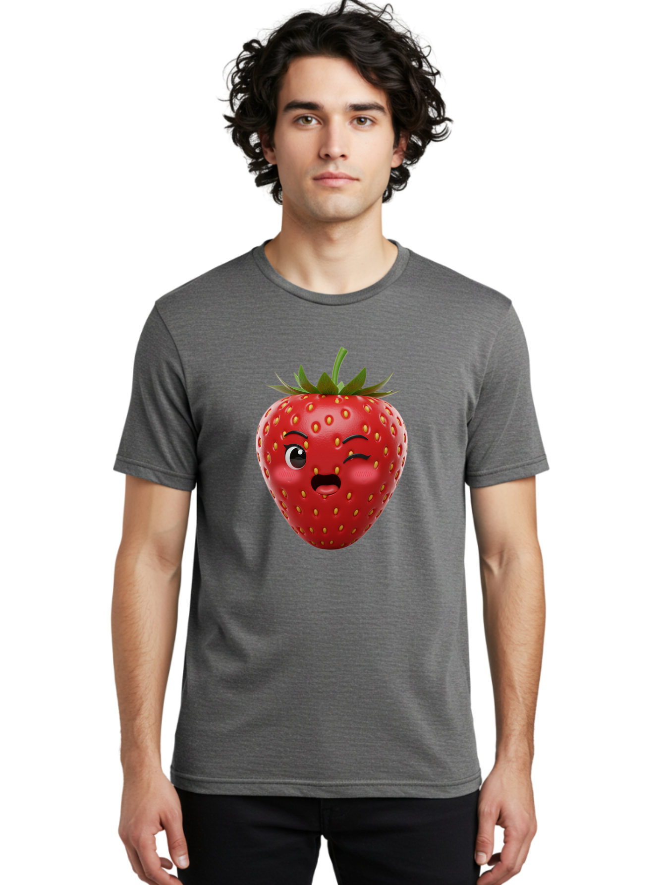 Winking-Strawberry-11 Men'S Graphic Tee, 100% Cotton, Comfortable Casual Summer Wear, Machine Washable, Cartoon Strawberry, Winking Face, Playful Expression, Comical Character, Vibrant Red, Yellow Seeds, Green Leaves, Funny Emotion, Emoticon Bac556