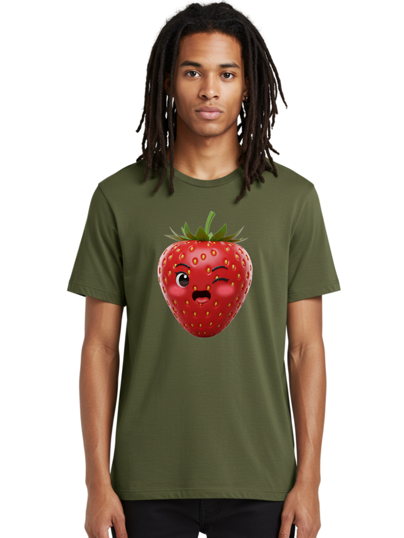 Winking-Strawberry-11 Men'S Graphic Tee, 100% Cotton, Comfortable Casual Summer Wear, Machine Washable, Cartoon Strawberry, Winking Face, Playful Expression, Comical Character, Vibrant Red, Yellow Seeds, Green Leaves, Funny Emotion, Emoticon Bac556