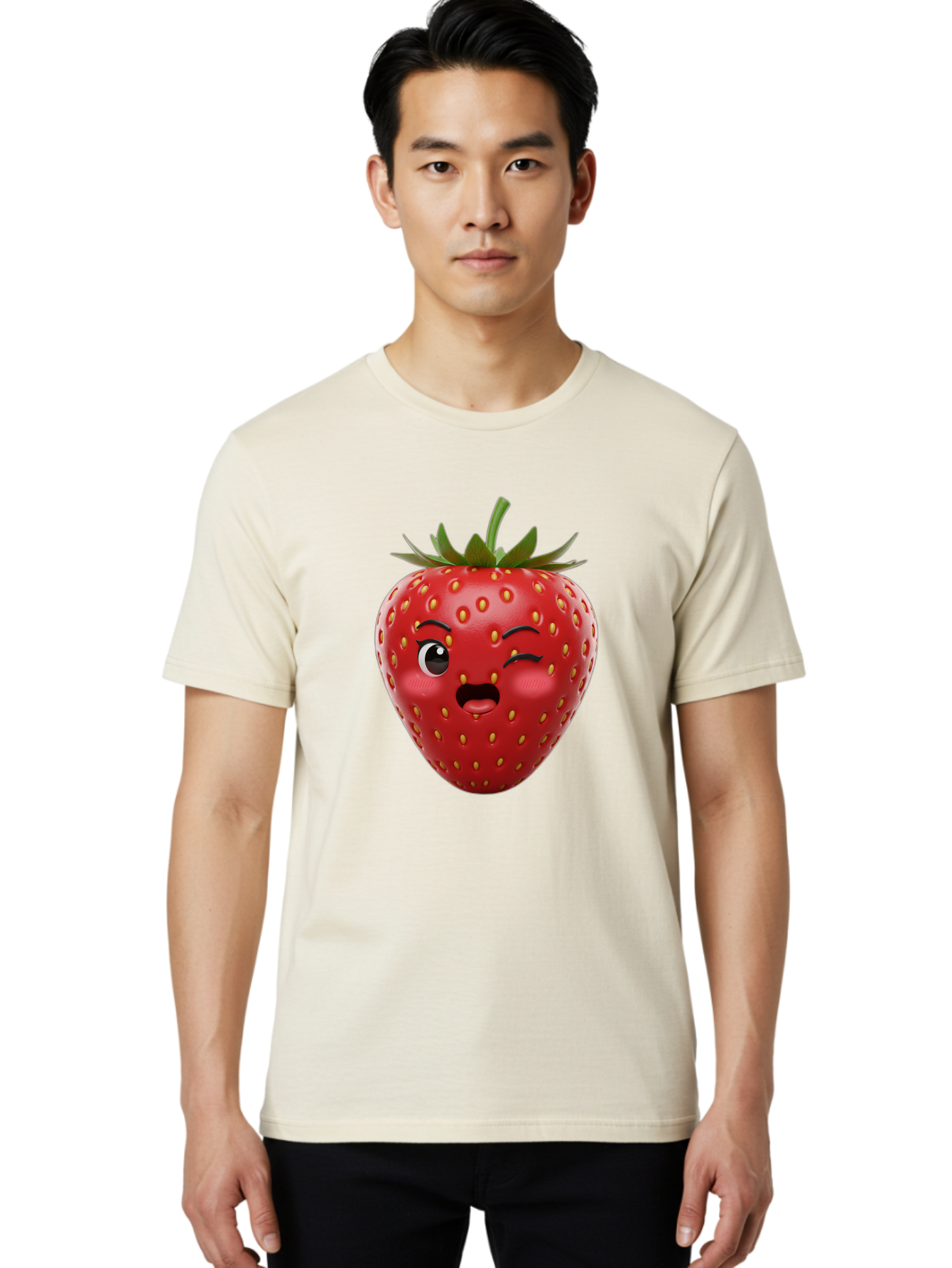 Winking-Strawberry-11 Men'S Graphic Tee, 100% Cotton, Comfortable Casual Summer Wear, Machine Washable, Cartoon Strawberry, Winking Face, Playful Expression, Comical Character, Vibrant Red, Yellow Seeds, Green Leaves, Funny Emotion, Emoticon Bac556