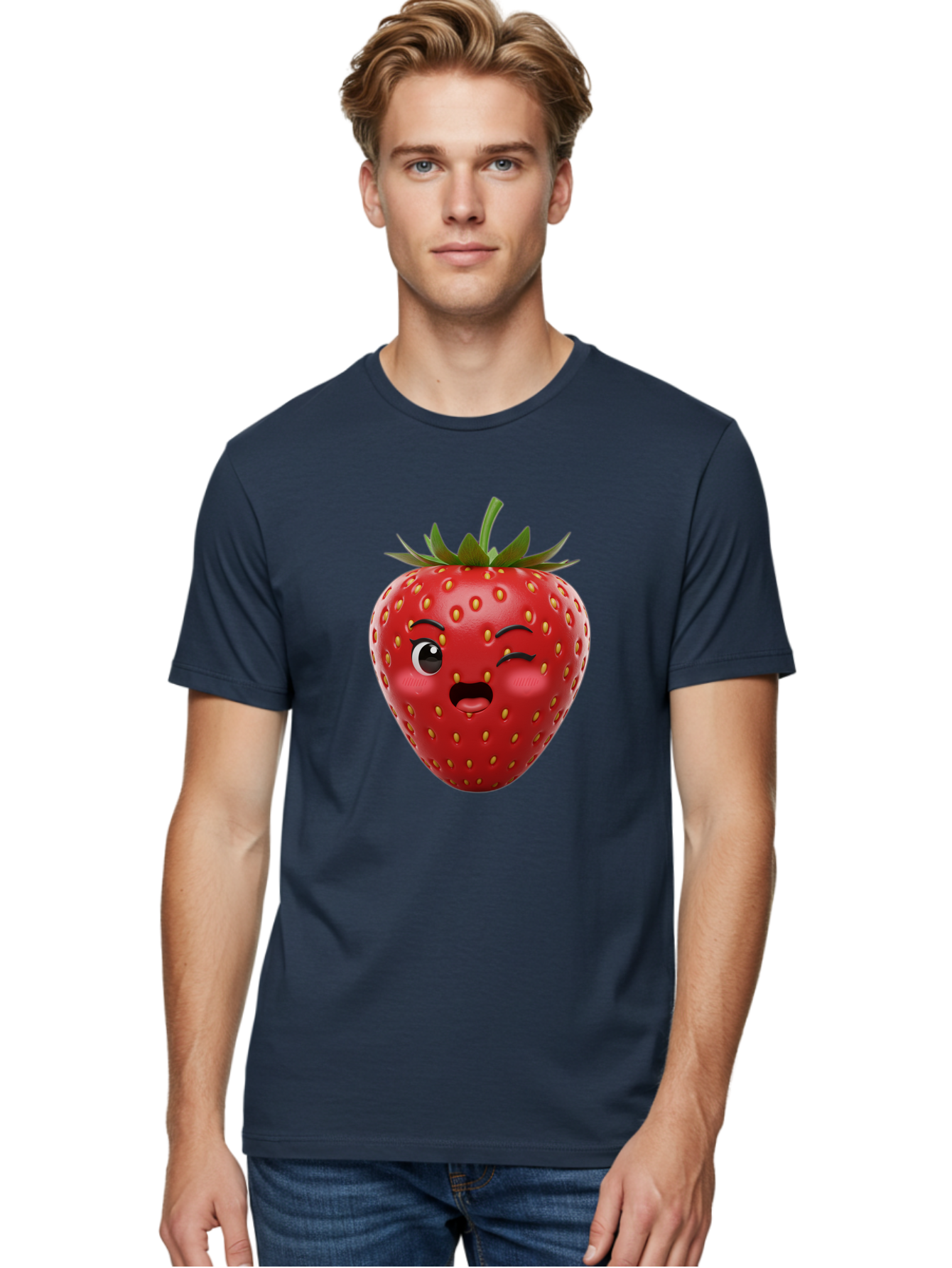 Winking-Strawberry-11 Men'S Graphic Tee, 100% Cotton, Comfortable Casual Summer Wear, Machine Washable, Cartoon Strawberry, Winking Face, Playful Expression, Comical Character, Vibrant Red, Yellow Seeds, Green Leaves, Funny Emotion, Emoticon Bac556