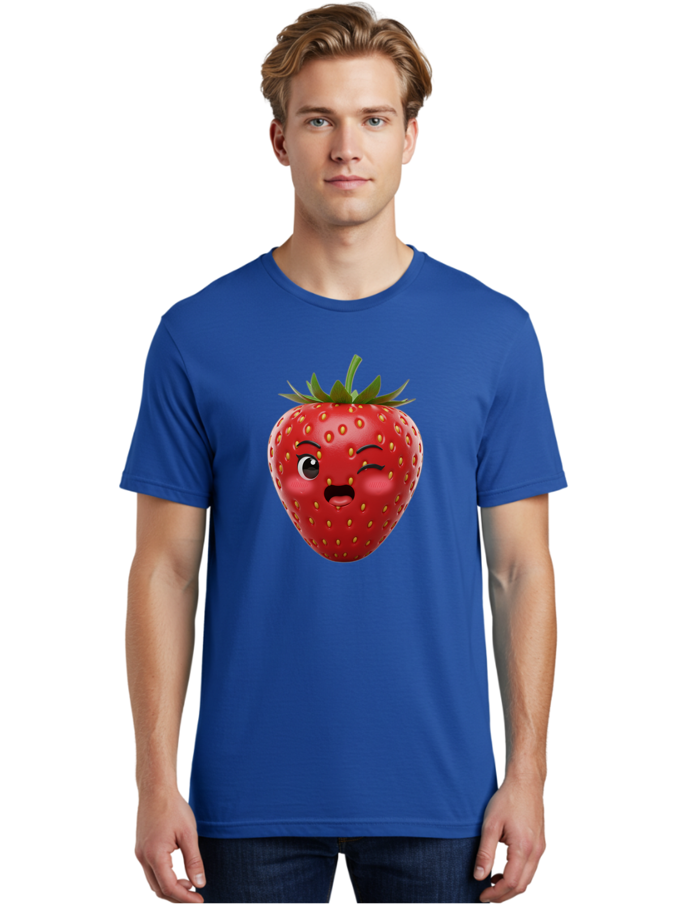 Winking-Strawberry-11 Men'S Graphic Tee, 100% Cotton, Comfortable Casual Summer Wear, Machine Washable, Cartoon Strawberry, Winking Face, Playful Expression, Comical Character, Vibrant Red, Yellow Seeds, Green Leaves, Funny Emotion, Emoticon Bac556