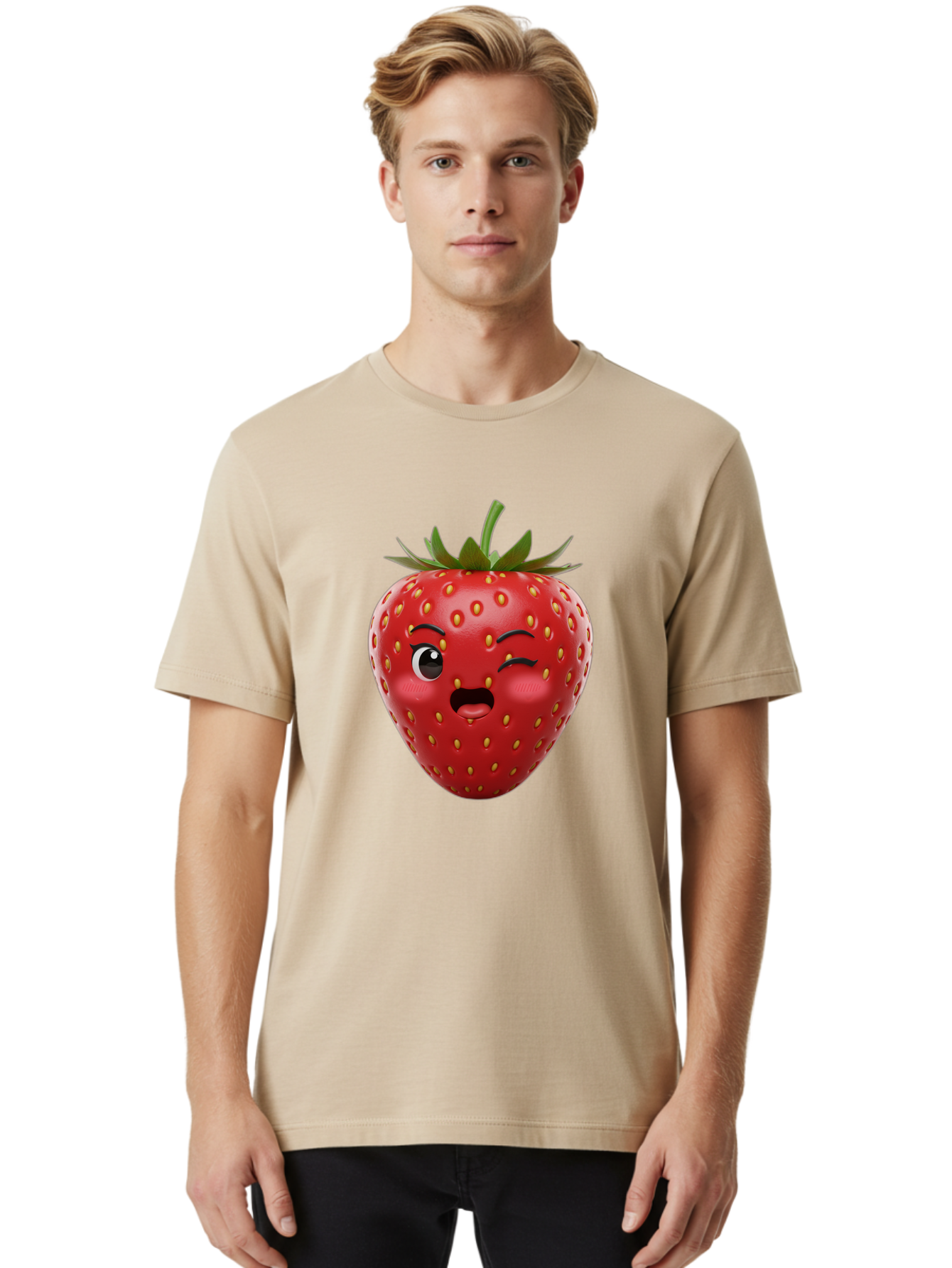 Winking-Strawberry-11 Men'S Graphic Tee, 100% Cotton, Comfortable Casual Summer Wear, Machine Washable, Cartoon Strawberry, Winking Face, Playful Expression, Comical Character, Vibrant Red, Yellow Seeds, Green Leaves, Funny Emotion, Emoticon Bac556