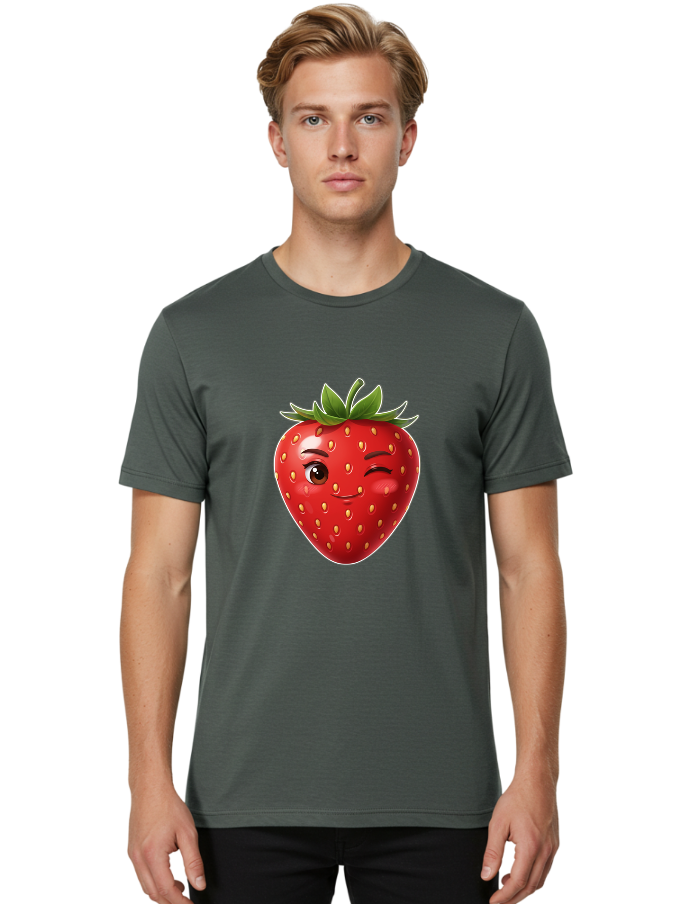 Winking-Strawberry-12 Men'S Graphic Tee, 100% Cotton, Comfortable Casual Summer Wear, Machine Washable, Winking Strawberry, Cartoon Style, Fresh Fruit, Healthy Snack, Vibrant Colors, Playful Expression, Yellow Seeds, Green Leaves Bac557