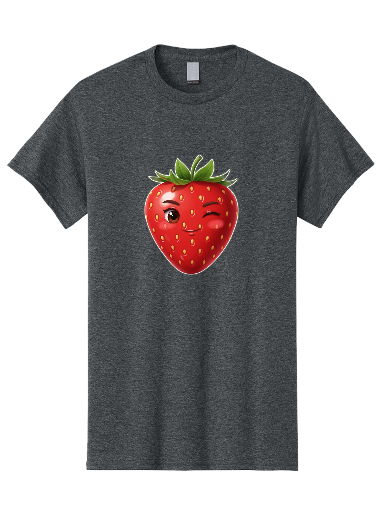 Winking-Strawberry-12 Men'S Graphic Tee, 100% Cotton, Comfortable Casual Summer Wear, Machine Washable, Winking Strawberry, Cartoon Style, Fresh Fruit, Healthy Snack, Vibrant Colors, Playful Expression, Yellow Seeds, Green Leaves Bac557