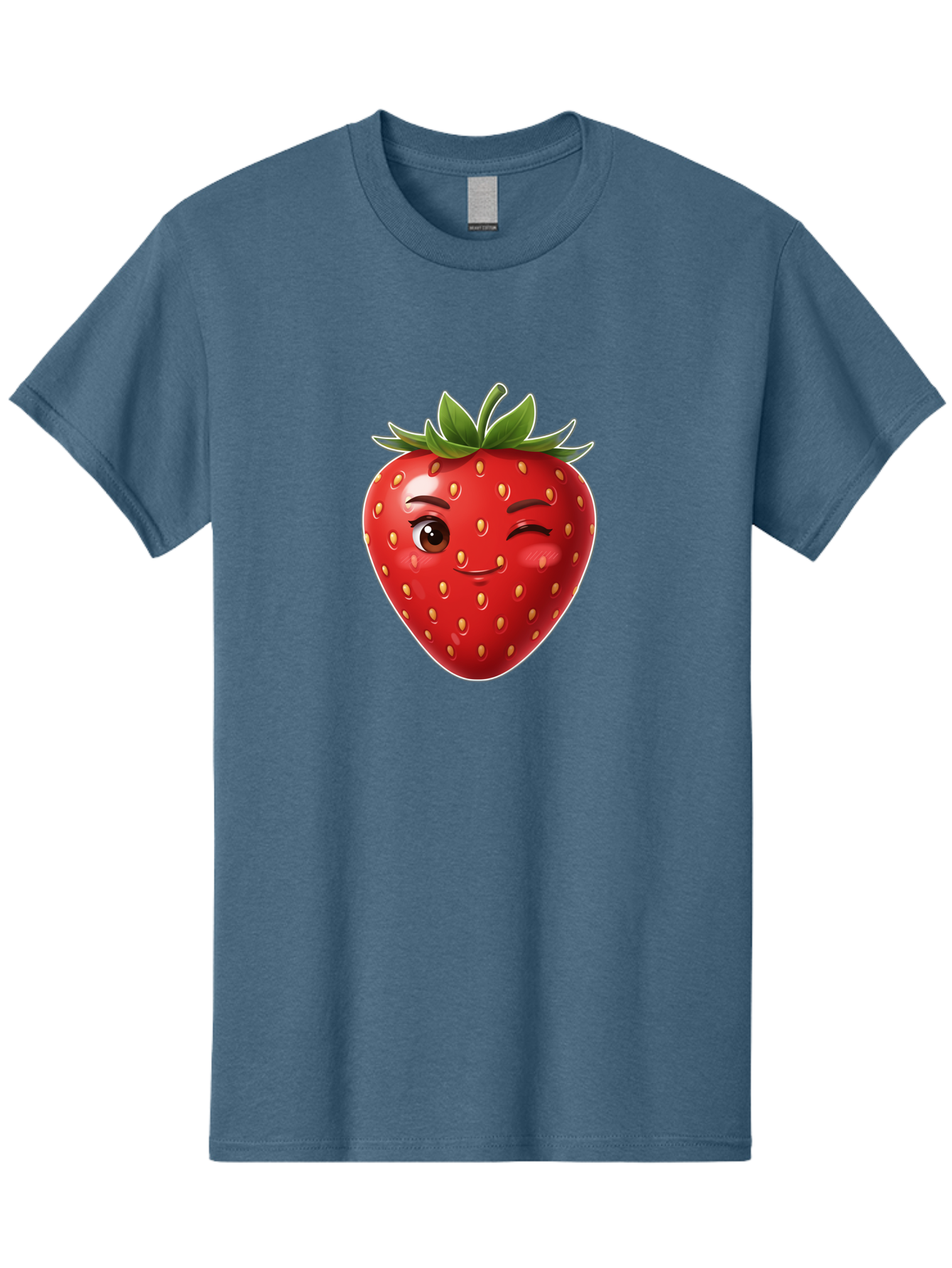 Winking-Strawberry-12 Men'S Graphic Tee, 100% Cotton, Comfortable Casual Summer Wear, Machine Washable, Winking Strawberry, Cartoon Style, Fresh Fruit, Healthy Snack, Vibrant Colors, Playful Expression, Yellow Seeds, Green Leaves Bac557
