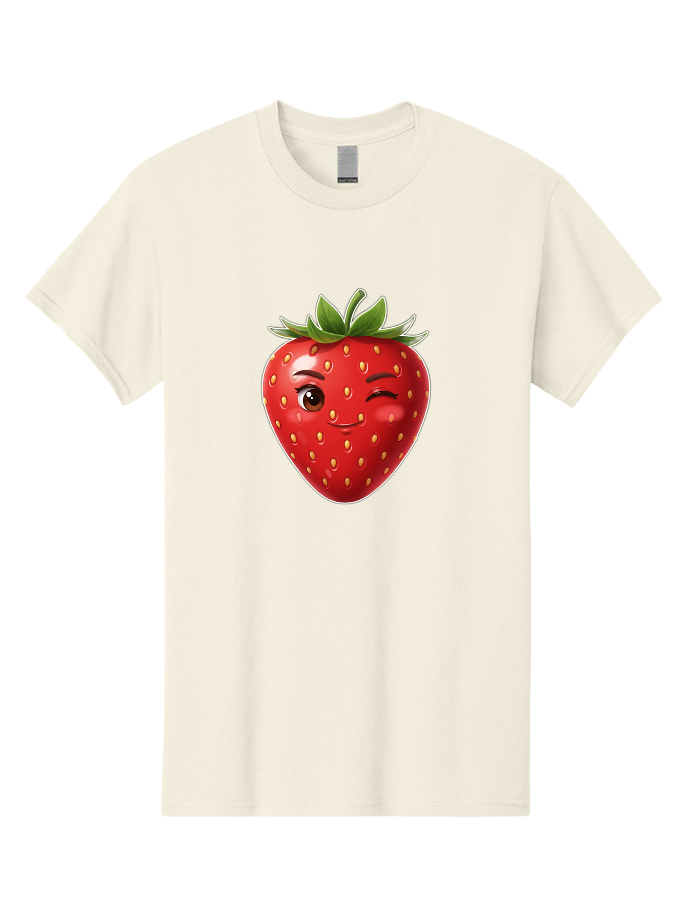 Winking-Strawberry-12 Men'S Graphic Tee, 100% Cotton, Comfortable Casual Summer Wear, Machine Washable, Winking Strawberry, Cartoon Style, Fresh Fruit, Healthy Snack, Vibrant Colors, Playful Expression, Yellow Seeds, Green Leaves Bac557
