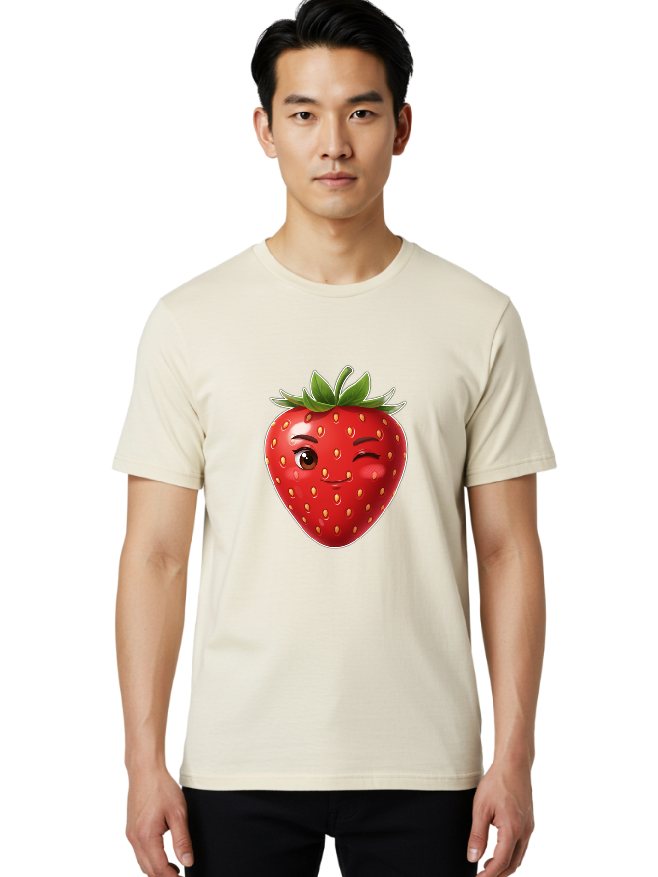 Winking-Strawberry-12 Men'S Graphic Tee, 100% Cotton, Comfortable Casual Summer Wear, Machine Washable, Winking Strawberry, Cartoon Style, Fresh Fruit, Healthy Snack, Vibrant Colors, Playful Expression, Yellow Seeds, Green Leaves Bac557