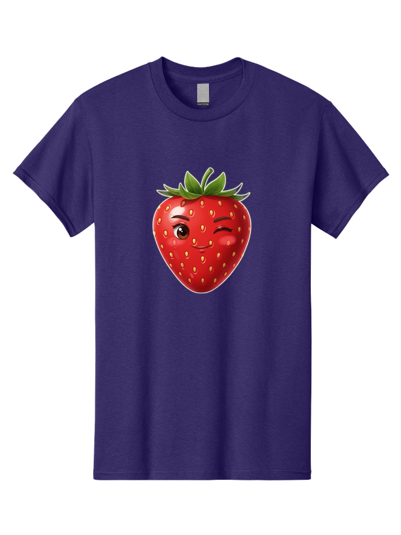Winking-Strawberry-12 Men'S Graphic Tee, 100% Cotton, Comfortable Casual Summer Wear, Machine Washable, Winking Strawberry, Cartoon Style, Fresh Fruit, Healthy Snack, Vibrant Colors, Playful Expression, Yellow Seeds, Green Leaves Bac557