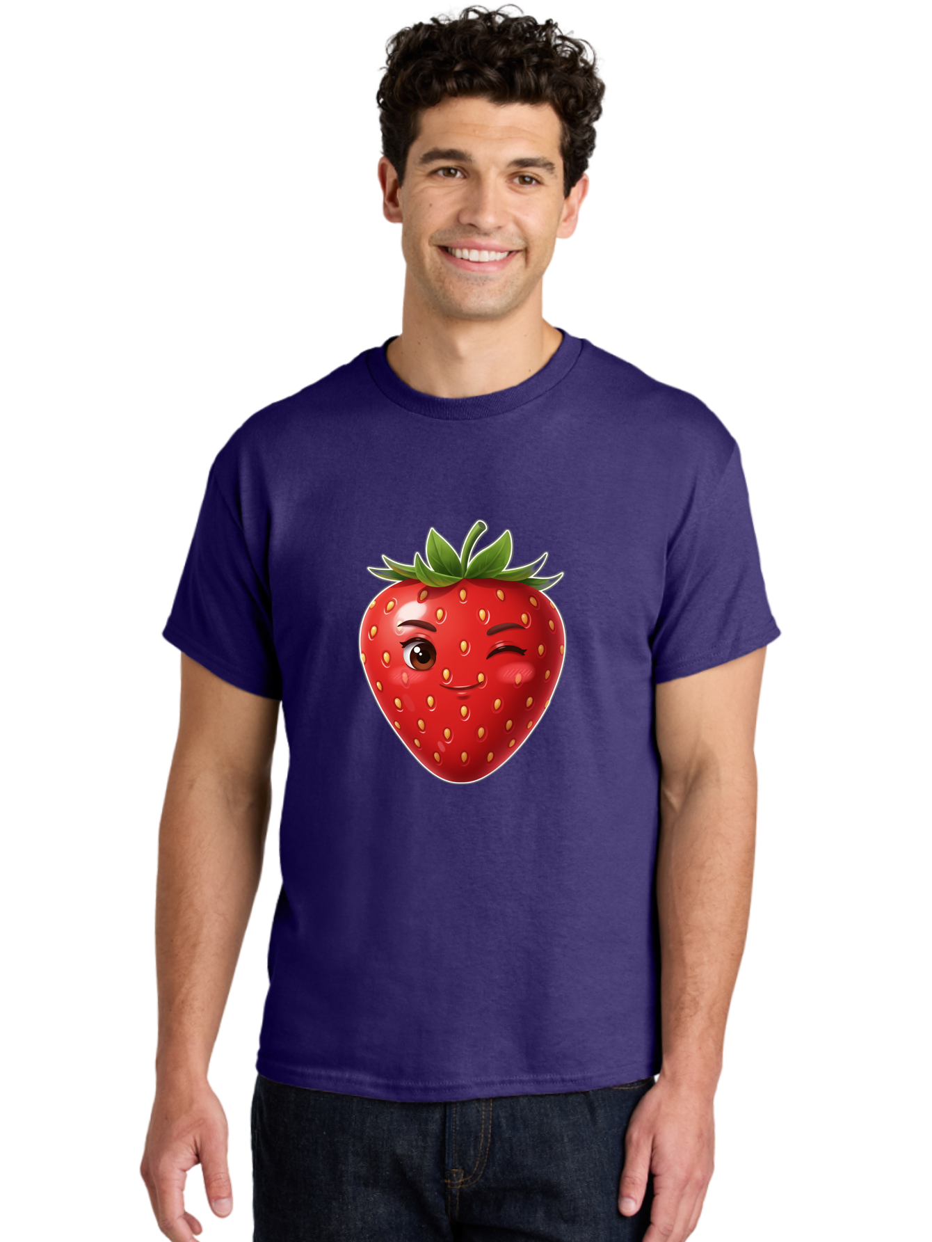 Winking-Strawberry-12 Men'S Graphic Tee, 100% Cotton, Comfortable Casual Summer Wear, Machine Washable, Winking Strawberry, Cartoon Style, Fresh Fruit, Healthy Snack, Vibrant Colors, Playful Expression, Yellow Seeds, Green Leaves Bac557