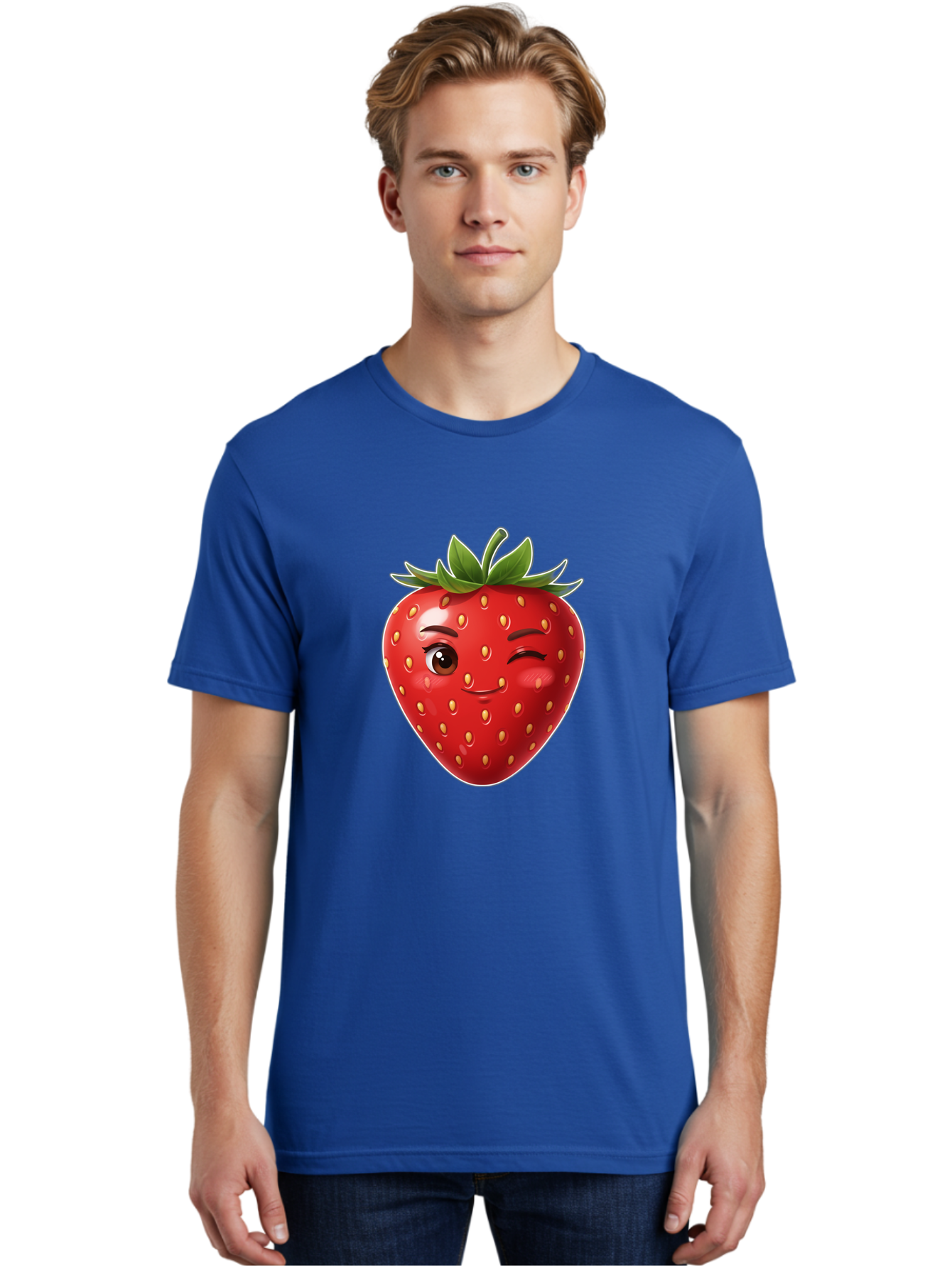 Winking-Strawberry-12 Men'S Graphic Tee, 100% Cotton, Comfortable Casual Summer Wear, Machine Washable, Winking Strawberry, Cartoon Style, Fresh Fruit, Healthy Snack, Vibrant Colors, Playful Expression, Yellow Seeds, Green Leaves Bac557
