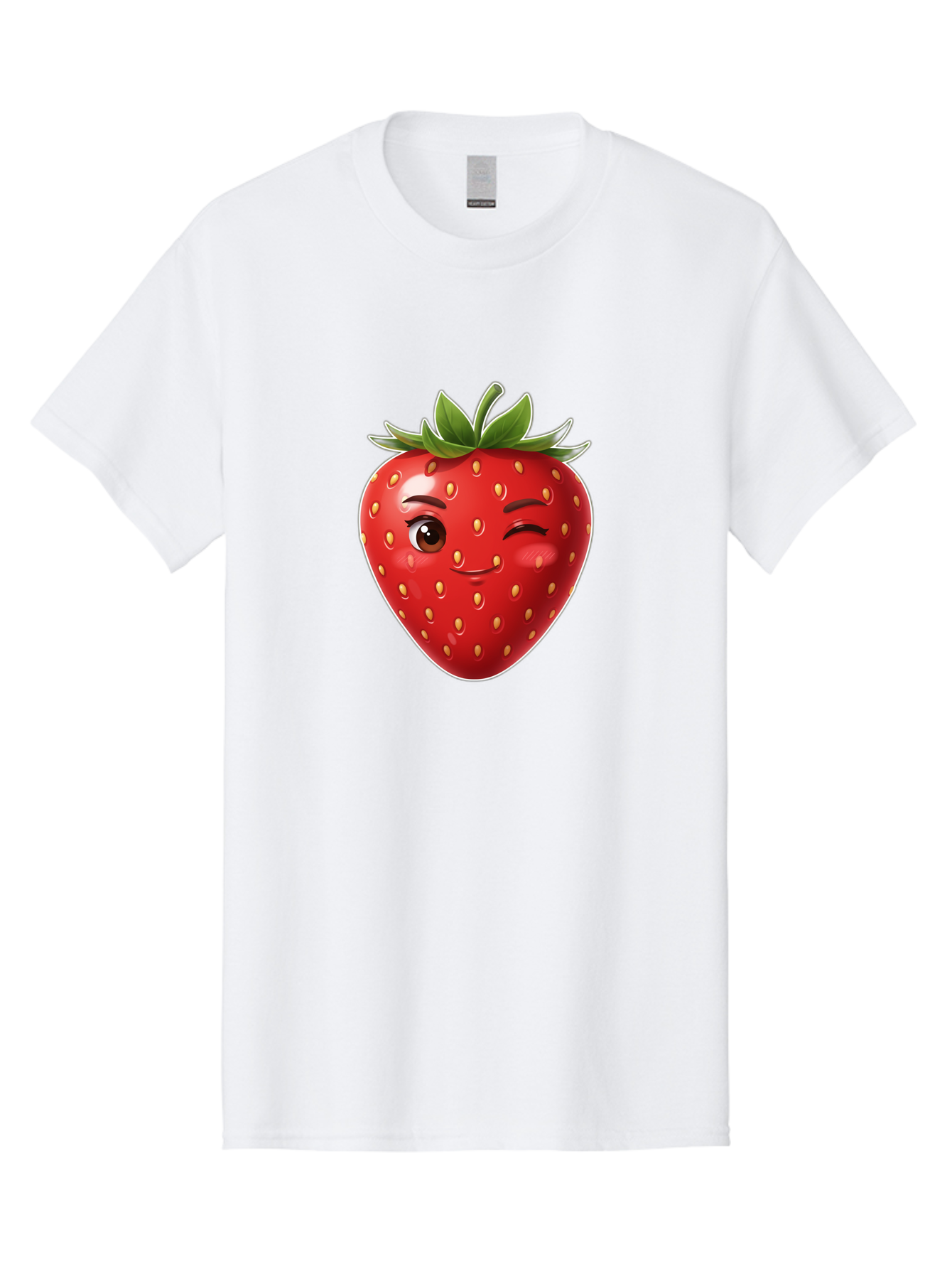 Winking-Strawberry-12 Men'S Graphic Tee, 100% Cotton, Comfortable Casual Summer Wear, Machine Washable, Winking Strawberry, Cartoon Style, Fresh Fruit, Healthy Snack, Vibrant Colors, Playful Expression, Yellow Seeds, Green Leaves Bac557
