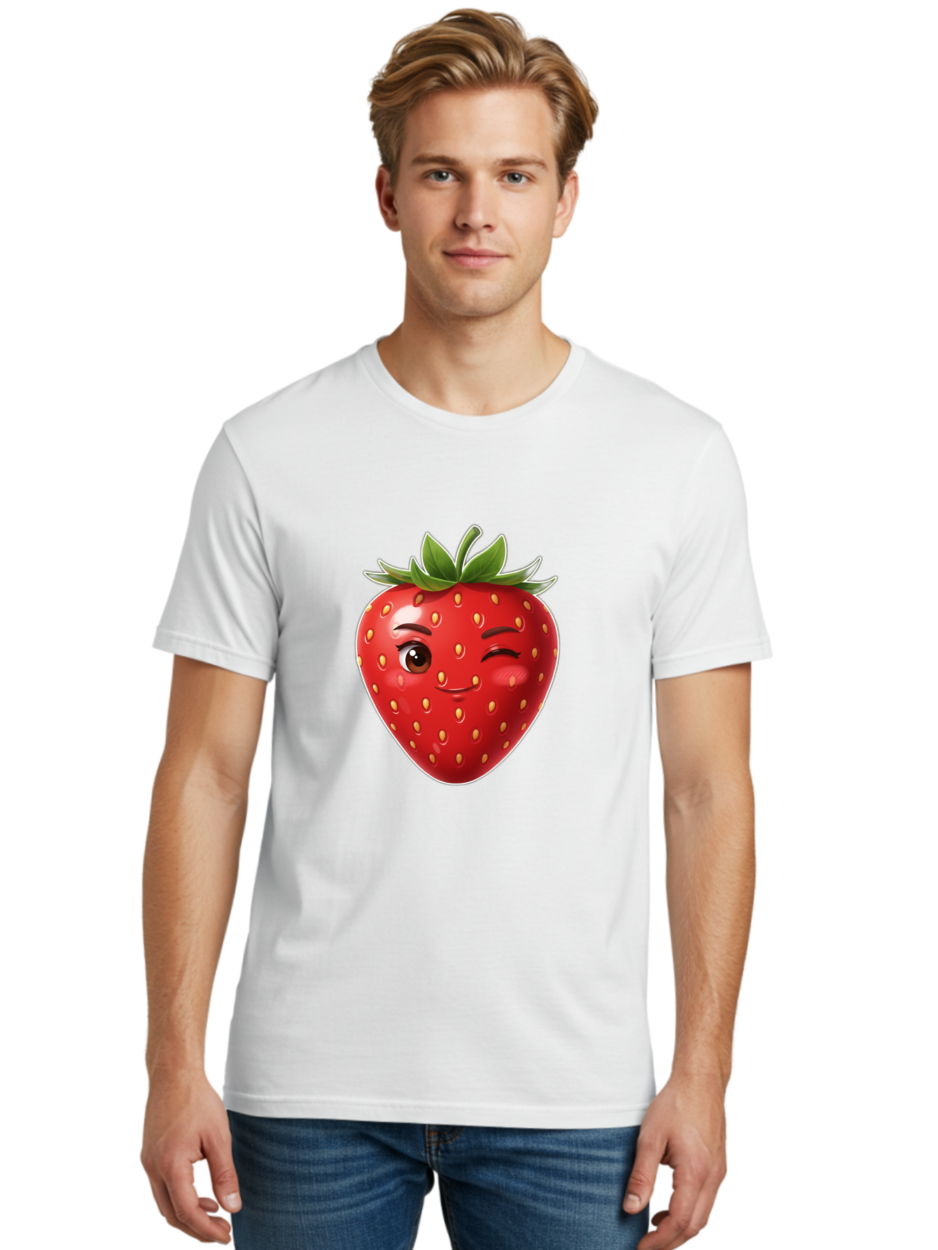 Winking-Strawberry-12 Men'S Graphic Tee, 100% Cotton, Comfortable Casual Summer Wear, Machine Washable, Winking Strawberry, Cartoon Style, Fresh Fruit, Healthy Snack, Vibrant Colors, Playful Expression, Yellow Seeds, Green Leaves Bac557