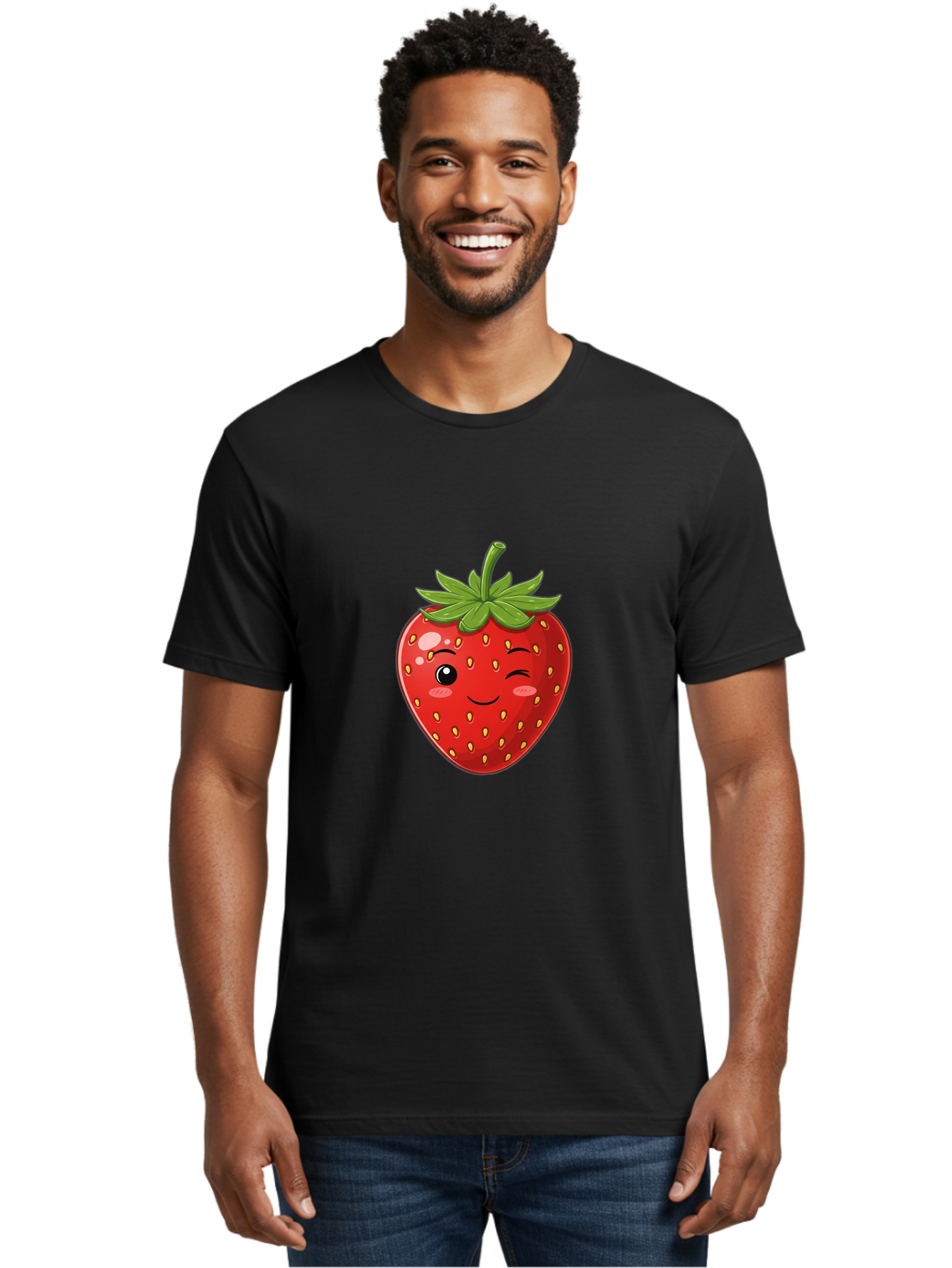 Winking-Strawberry-13 Men'S Graphic Tee, 100% Cotton, Comfortable Casual Summer Wear, Machine Washable, Winking Strawberry Cartoon, Smiling Fruit, Shiny Red Strawberry, Adorable Illustration, Cute Character Design, Playful Emoji, Happy Face, Bac558