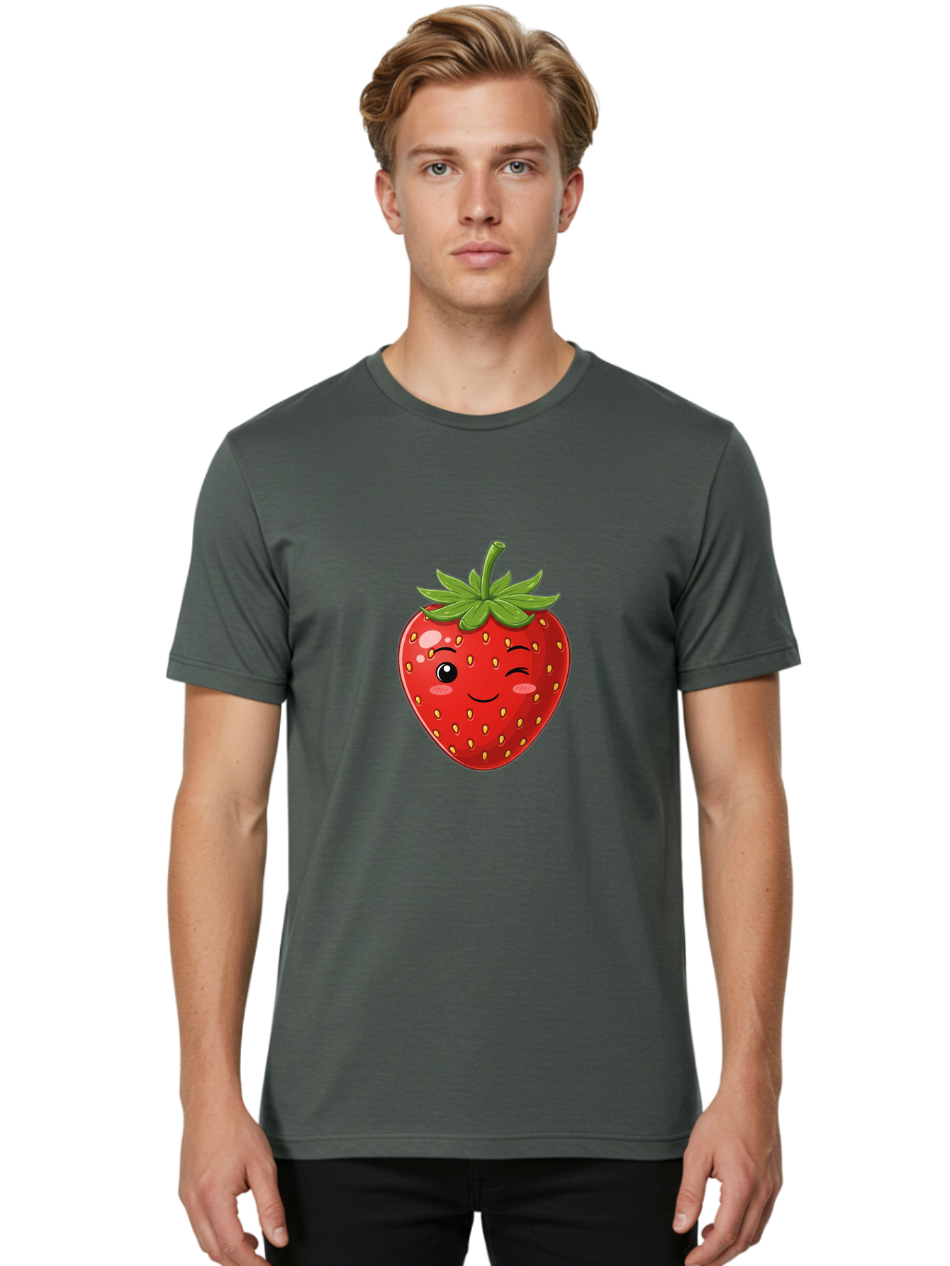 Winking-Strawberry-13 Men'S Graphic Tee, 100% Cotton, Comfortable Casual Summer Wear, Machine Washable, Winking Strawberry Cartoon, Smiling Fruit, Shiny Red Strawberry, Adorable Illustration, Cute Character Design, Playful Emoji, Happy Face, Bac558