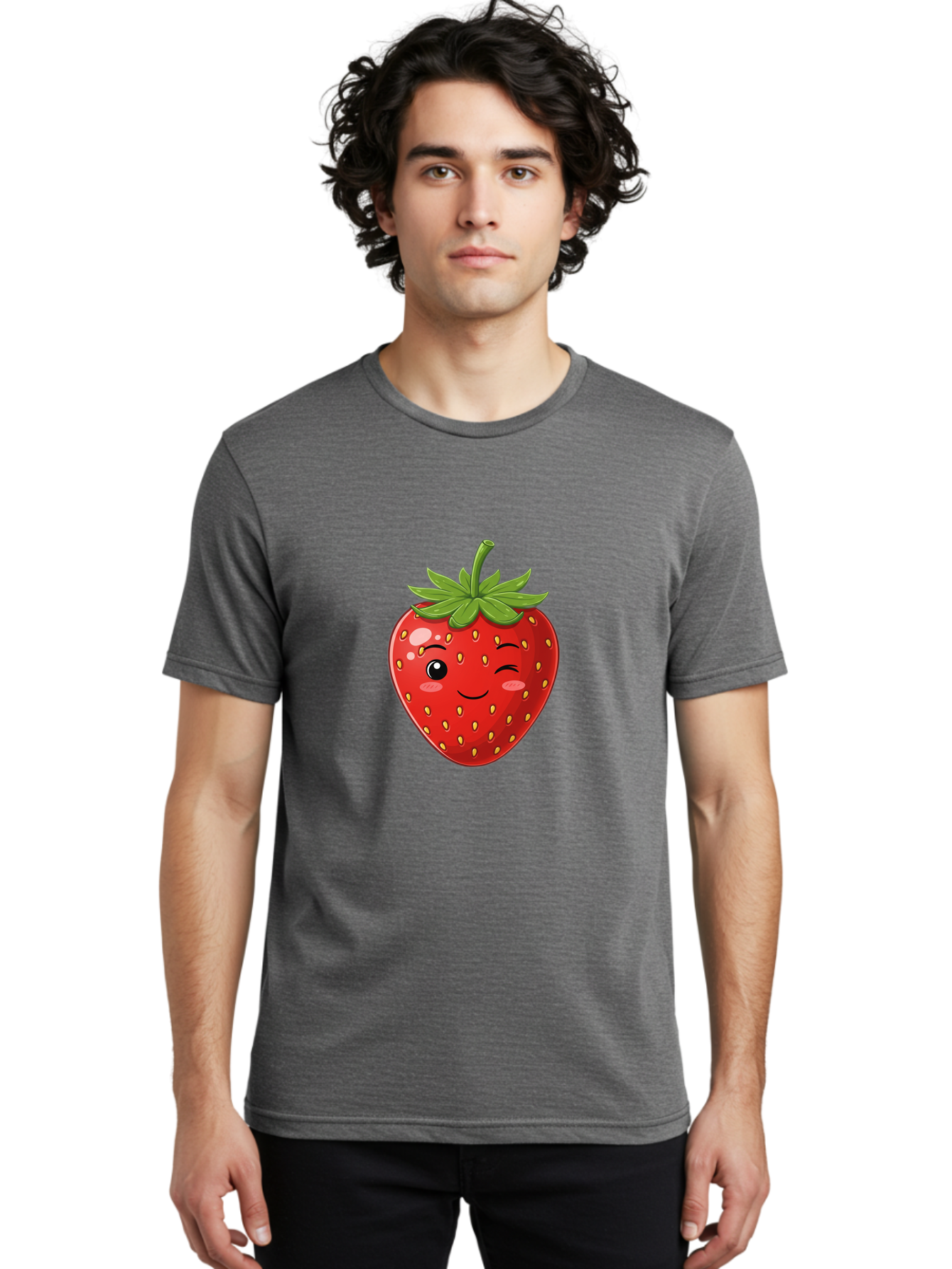 Winking-Strawberry-13 Men'S Graphic Tee, 100% Cotton, Comfortable Casual Summer Wear, Machine Washable, Winking Strawberry Cartoon, Smiling Fruit, Shiny Red Strawberry, Adorable Illustration, Cute Character Design, Playful Emoji, Happy Face, Bac558