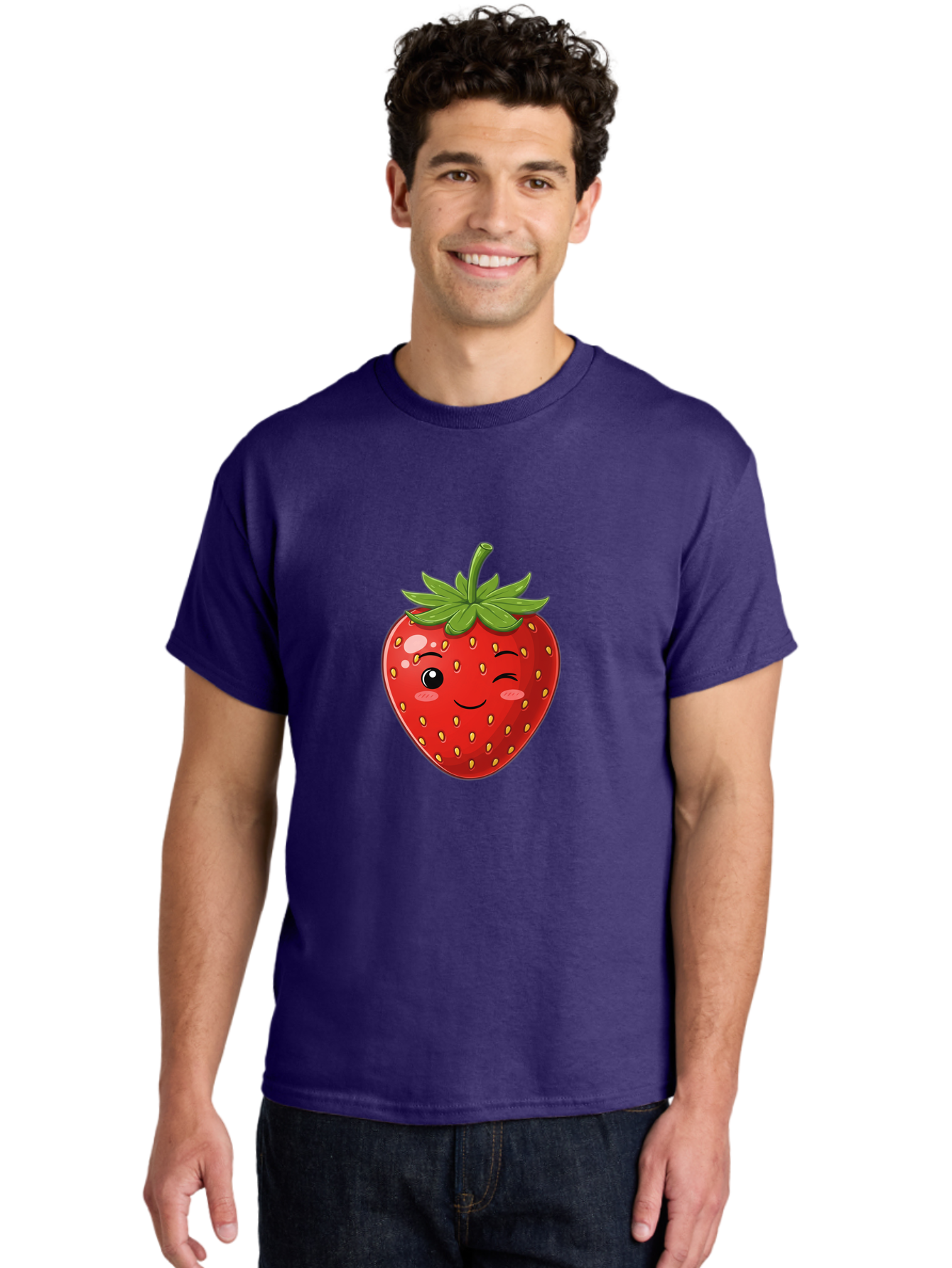 Winking-Strawberry-13 Men'S Graphic Tee, 100% Cotton, Comfortable Casual Summer Wear, Machine Washable, Winking Strawberry Cartoon, Smiling Fruit, Shiny Red Strawberry, Adorable Illustration, Cute Character Design, Playful Emoji, Happy Face, Bac558