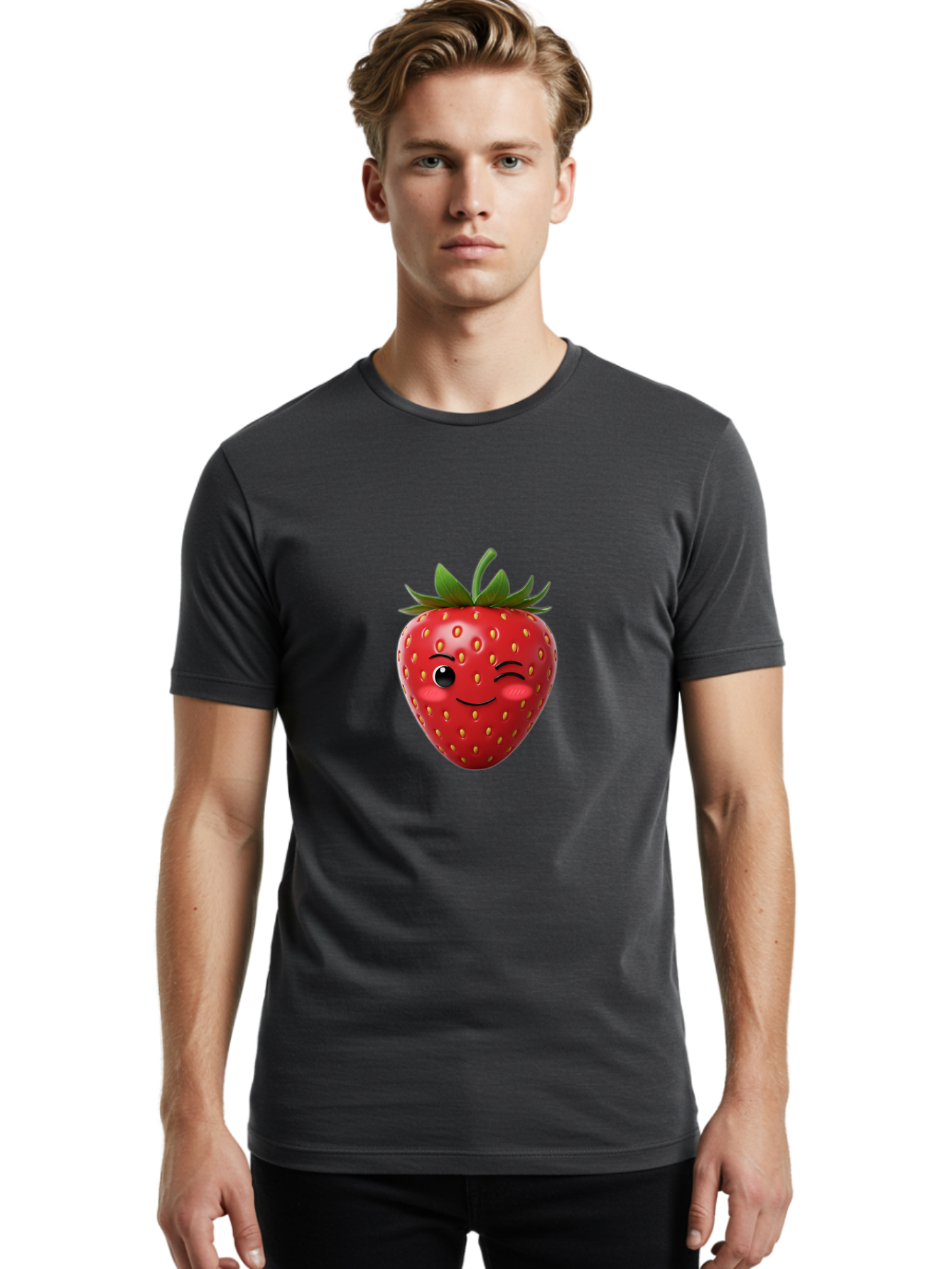 Winking-Strawberry-2 Men'S Graphic Tee, 100% Cotton, Comfortable Casual Summer Wear, Machine Washable, Winking Strawberry, Smiling Face, Cartoon Character, Fruit Illustration, Red Strawberry, Yellow Seeds, Green Leaves, Fun Design, Cute Emoji, Bac559