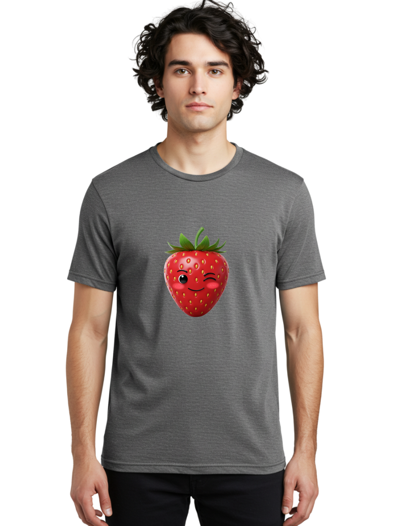 Winking-Strawberry-2 Men'S Graphic Tee, 100% Cotton, Comfortable Casual Summer Wear, Machine Washable, Winking Strawberry, Smiling Face, Cartoon Character, Fruit Illustration, Red Strawberry, Yellow Seeds, Green Leaves, Fun Design, Cute Emoji, Bac559
