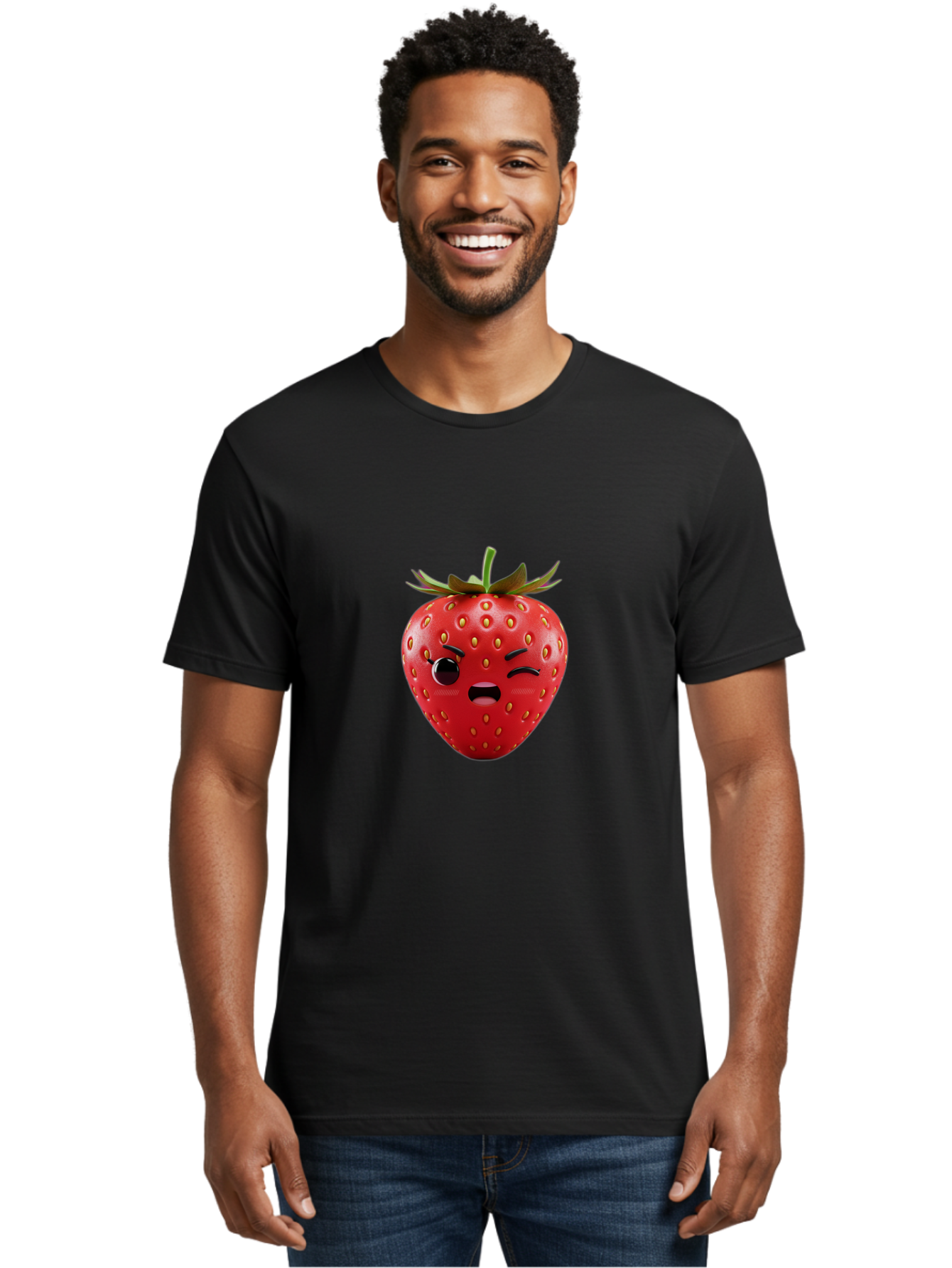 Winking-Strawberry-3 Men'S Graphic Tee, 100% Cotton, Comfortable Casual Summer Wear, Machine Washable, Winking Strawberry, Cartoon Fruit, Quirky Character, Comical Expression, Funny Face, Red Strawberry, Playful Design, Fruit Emoji, Bac560