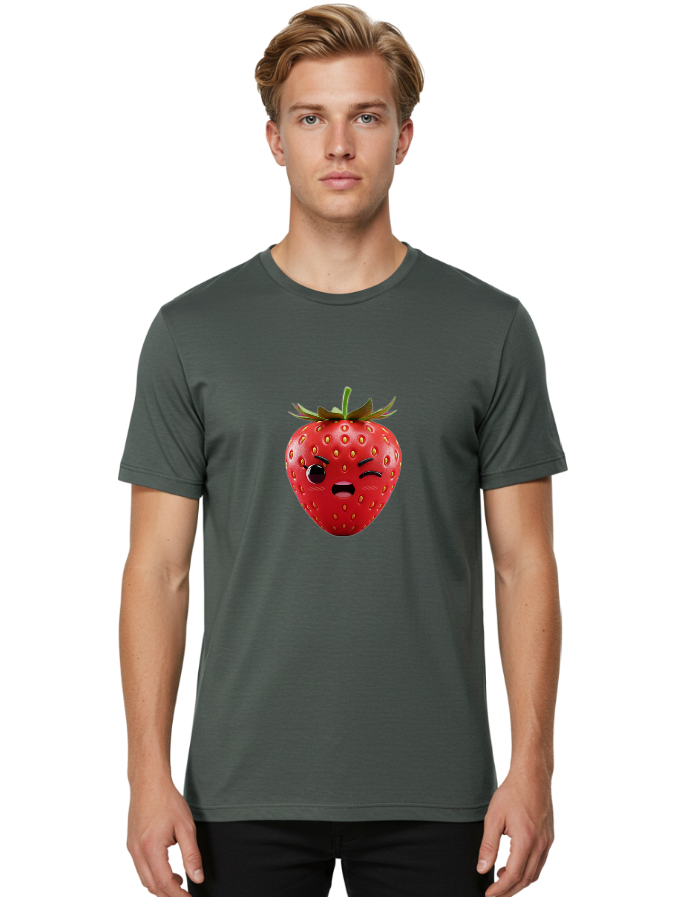 Winking-Strawberry-3 Men'S Graphic Tee, 100% Cotton, Comfortable Casual Summer Wear, Machine Washable, Winking Strawberry, Cartoon Fruit, Quirky Character, Comical Expression, Funny Face, Red Strawberry, Playful Design, Fruit Emoji, Bac560