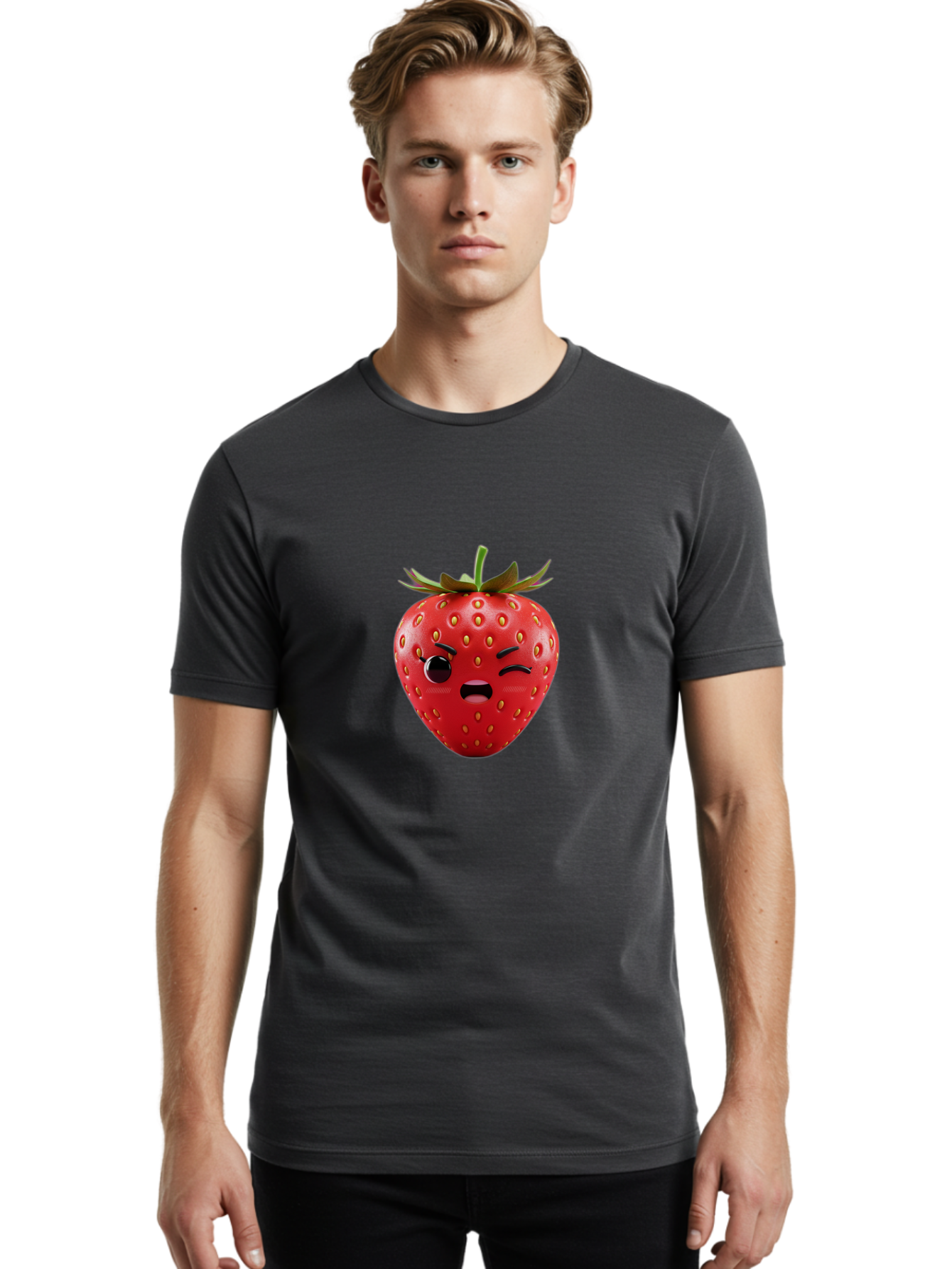 Winking-Strawberry-3 Men'S Graphic Tee, 100% Cotton, Comfortable Casual Summer Wear, Machine Washable, Winking Strawberry, Cartoon Fruit, Quirky Character, Comical Expression, Funny Face, Red Strawberry, Playful Design, Fruit Emoji, Bac560