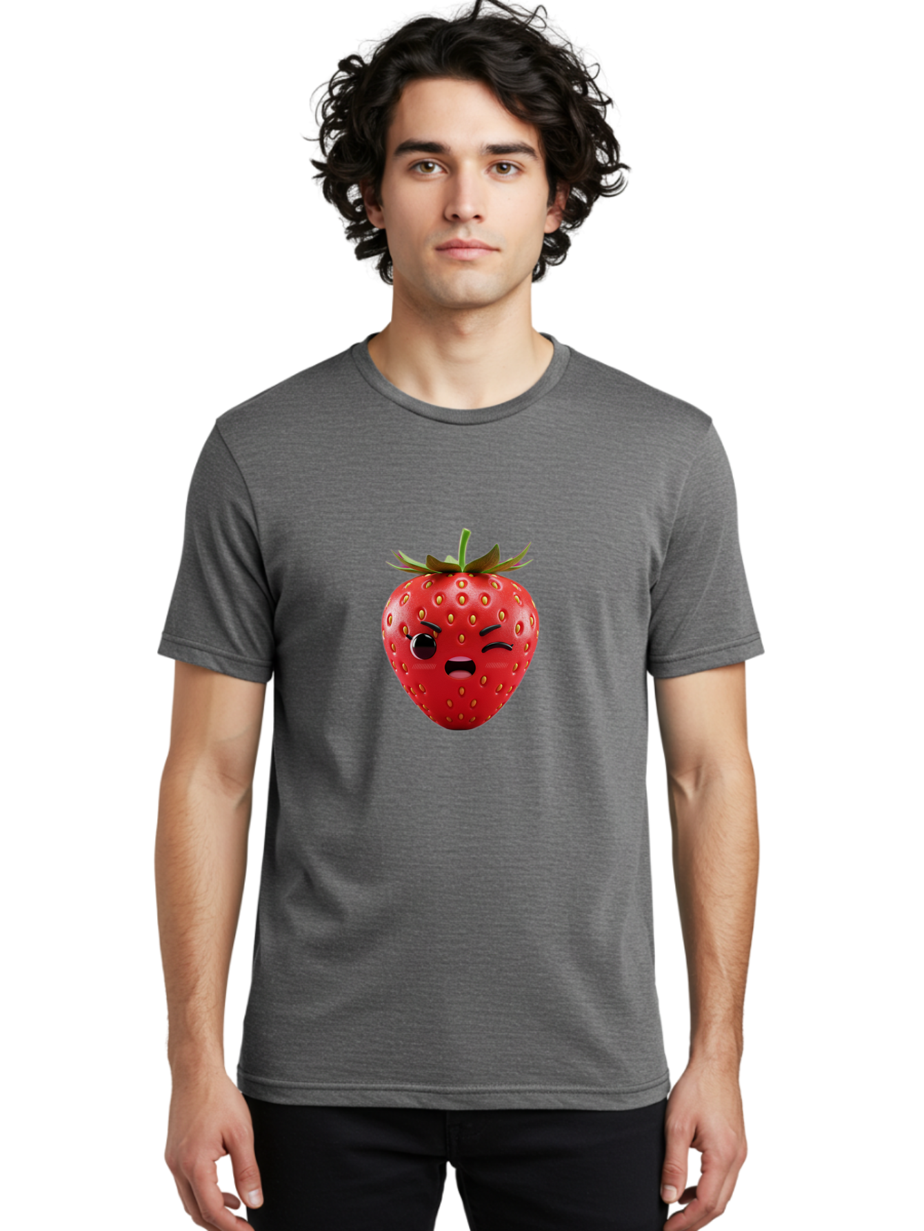 Winking-Strawberry-3 Men'S Graphic Tee, 100% Cotton, Comfortable Casual Summer Wear, Machine Washable, Winking Strawberry, Cartoon Fruit, Quirky Character, Comical Expression, Funny Face, Red Strawberry, Playful Design, Fruit Emoji, Bac560