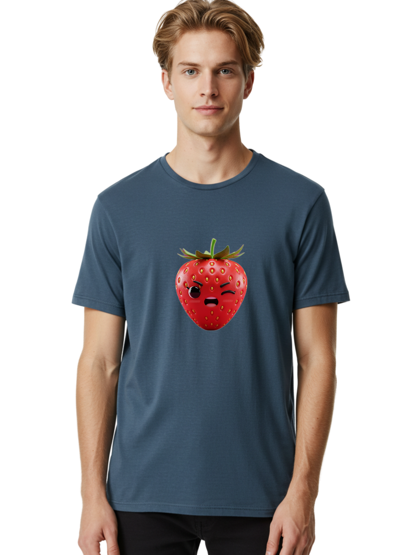 Winking-Strawberry-3 Men'S Graphic Tee, 100% Cotton, Comfortable Casual Summer Wear, Machine Washable, Winking Strawberry, Cartoon Fruit, Quirky Character, Comical Expression, Funny Face, Red Strawberry, Playful Design, Fruit Emoji, Bac560