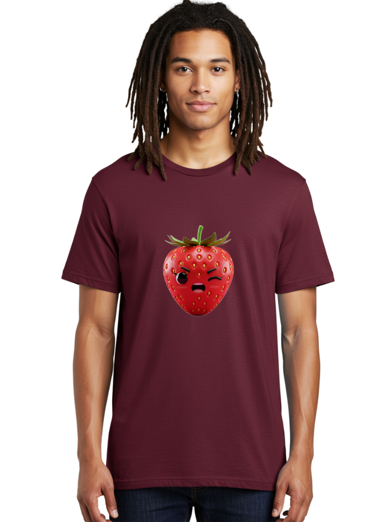 Winking-Strawberry-3 Men'S Graphic Tee, 100% Cotton, Comfortable Casual Summer Wear, Machine Washable, Winking Strawberry, Cartoon Fruit, Quirky Character, Comical Expression, Funny Face, Red Strawberry, Playful Design, Fruit Emoji, Bac560