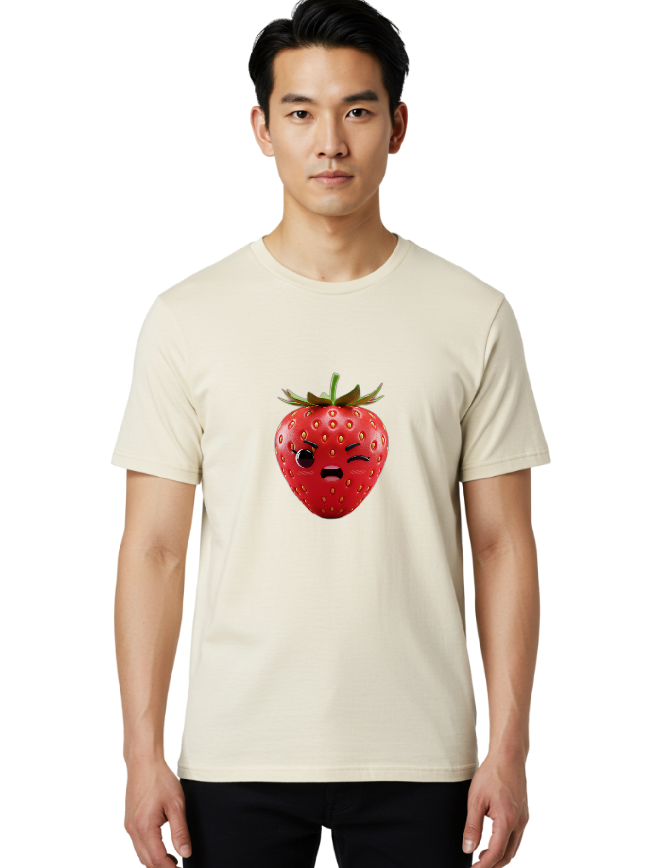 Winking-Strawberry-3 Men'S Graphic Tee, 100% Cotton, Comfortable Casual Summer Wear, Machine Washable, Winking Strawberry, Cartoon Fruit, Quirky Character, Comical Expression, Funny Face, Red Strawberry, Playful Design, Fruit Emoji, Bac560