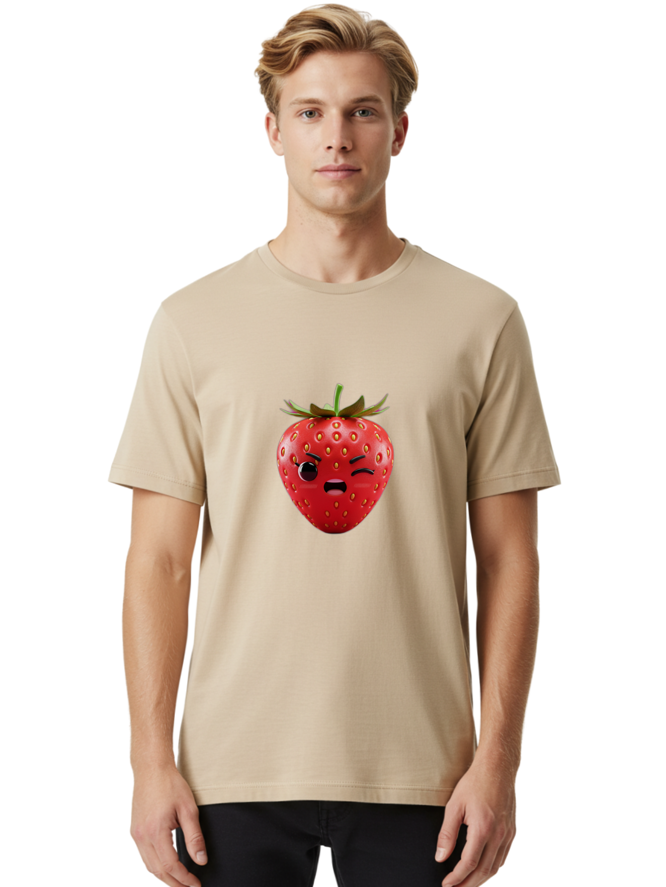 Winking-Strawberry-3 Men'S Graphic Tee, 100% Cotton, Comfortable Casual Summer Wear, Machine Washable, Winking Strawberry, Cartoon Fruit, Quirky Character, Comical Expression, Funny Face, Red Strawberry, Playful Design, Fruit Emoji, Bac560