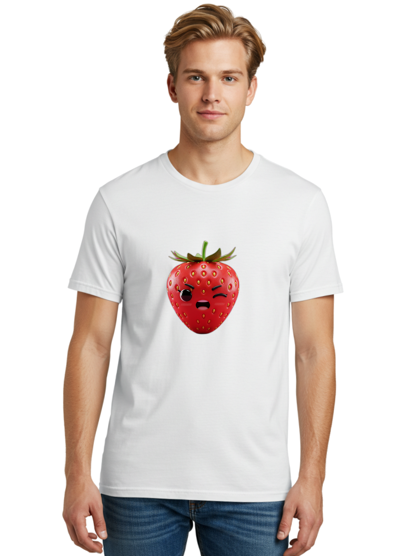 Winking-Strawberry-3 Men'S Graphic Tee, 100% Cotton, Comfortable Casual Summer Wear, Machine Washable, Winking Strawberry, Cartoon Fruit, Quirky Character, Comical Expression, Funny Face, Red Strawberry, Playful Design, Fruit Emoji, Bac560