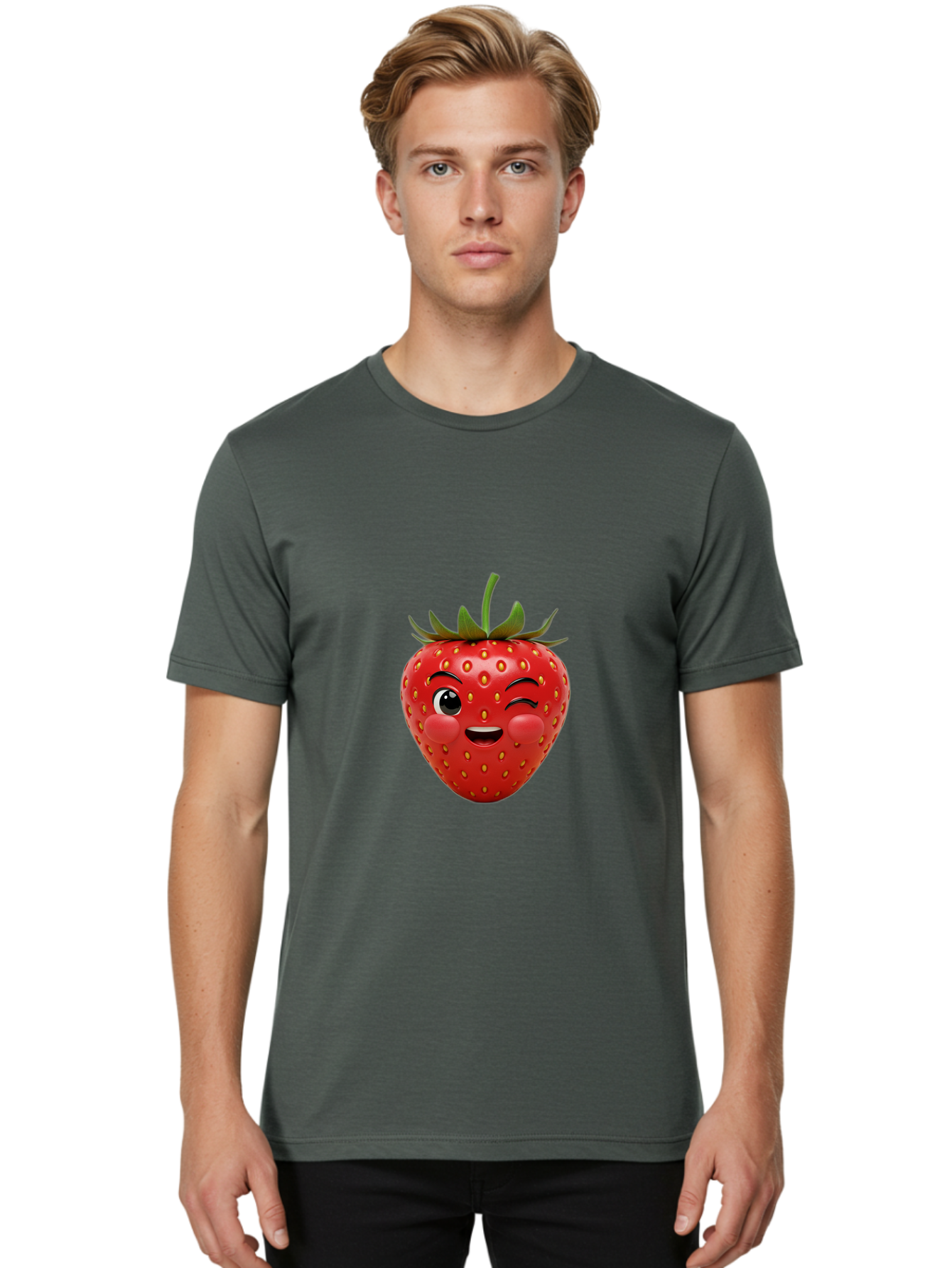Winking-Strawberry-4 Men'S Graphic Tee, 100% Cotton, Comfortable Casual Summer Wear, Machine Washable, Cartoon Strawberry, Winking Face, Playful Fruit, Cute Emoji, Strawberry Character, Fun Illustration, Fresh Fruit, Sweet Treat, Bac561
